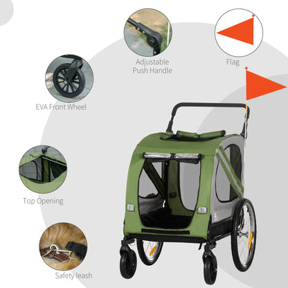 Dog Bike Trailer, 2-in-1 Dog Wagon Pet Stroller for Travel with Universal Wheel Reflectors Flag, for Small and Medium Dogs, Green Dog Bike Trailers & Strollers   at Gallery Canada