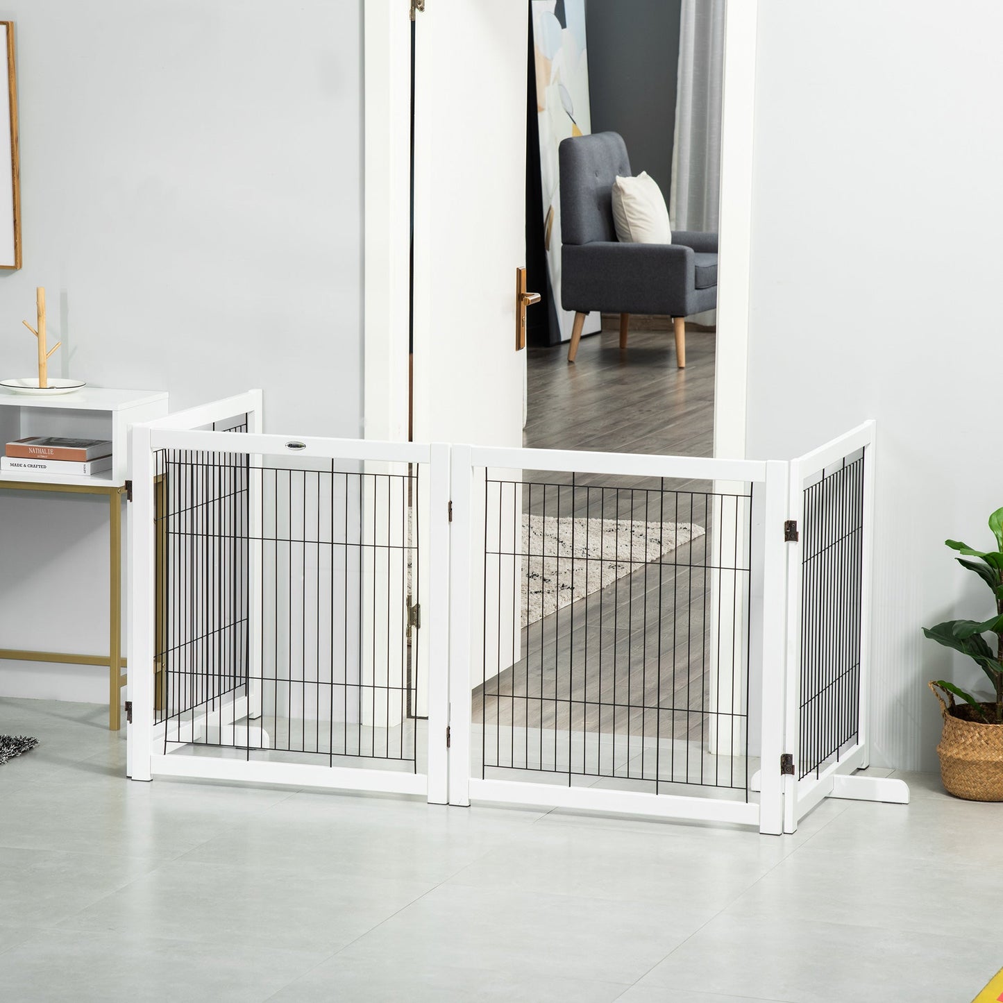 Wooden Dog Gate Foldable Pet Fence for Small &; Medium Dogs 4 Panel with Support Feet Freestanding Safety Barrier for House Doorway Stairs White Houses, Kennels & Pens   at Gallery Canada