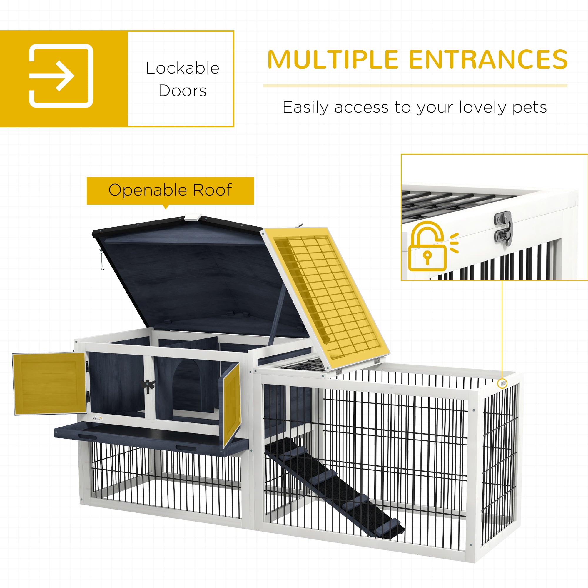 Wood Rabbit Hutch w/ Ramp, Openable Roof, Pull-out Tray, Dark Grey Rabbit Hutch   at Gallery Canada