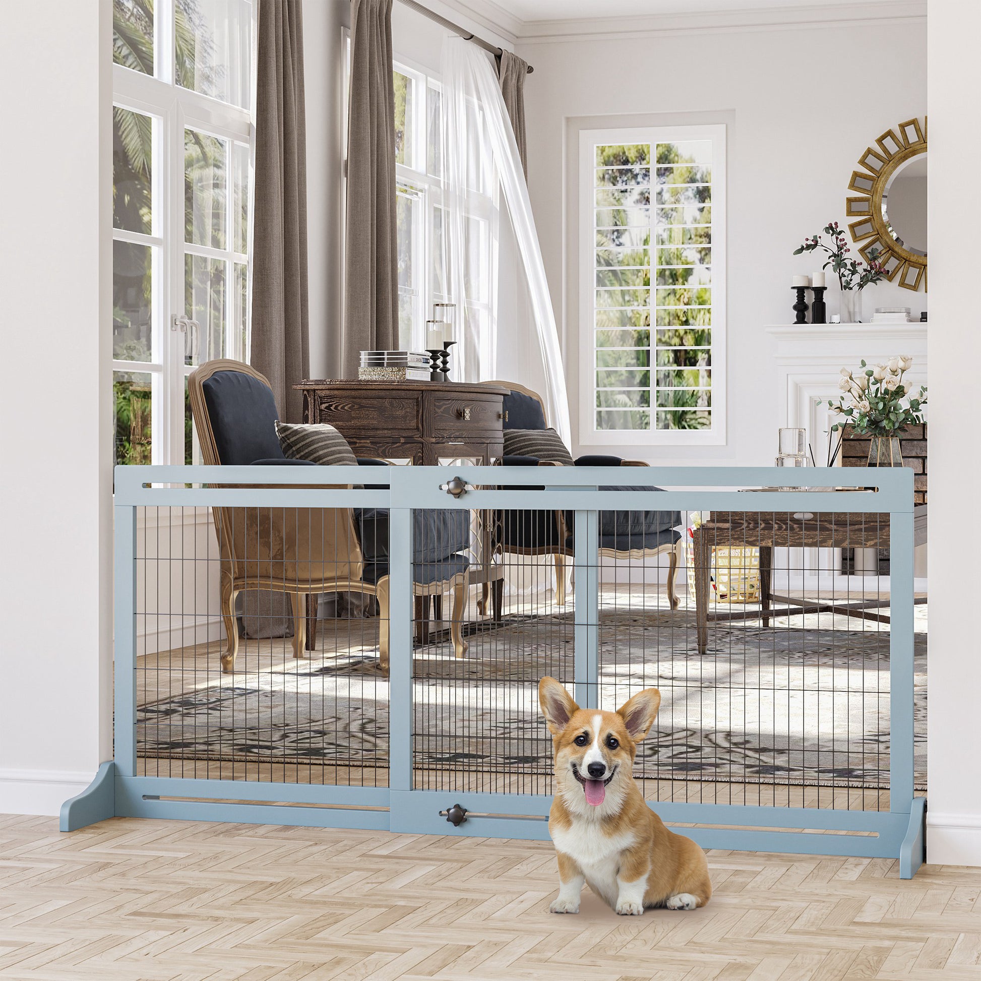 41"-72" Wooden Freestanding Pet Gate with Support Feet, for Small Medium Dogs, Grey Houses, Kennels & Pens Grey-Blue  at Gallery Canada