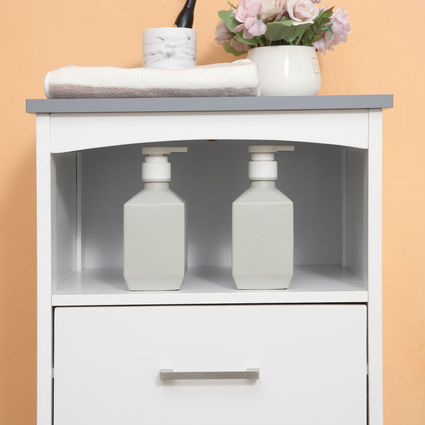 Bathroom Floor Cabinet, Freestanding Storage Cupboard Unit with 3 Drawers and Open Components, White Bathroom Cabinets   at Gallery Canada