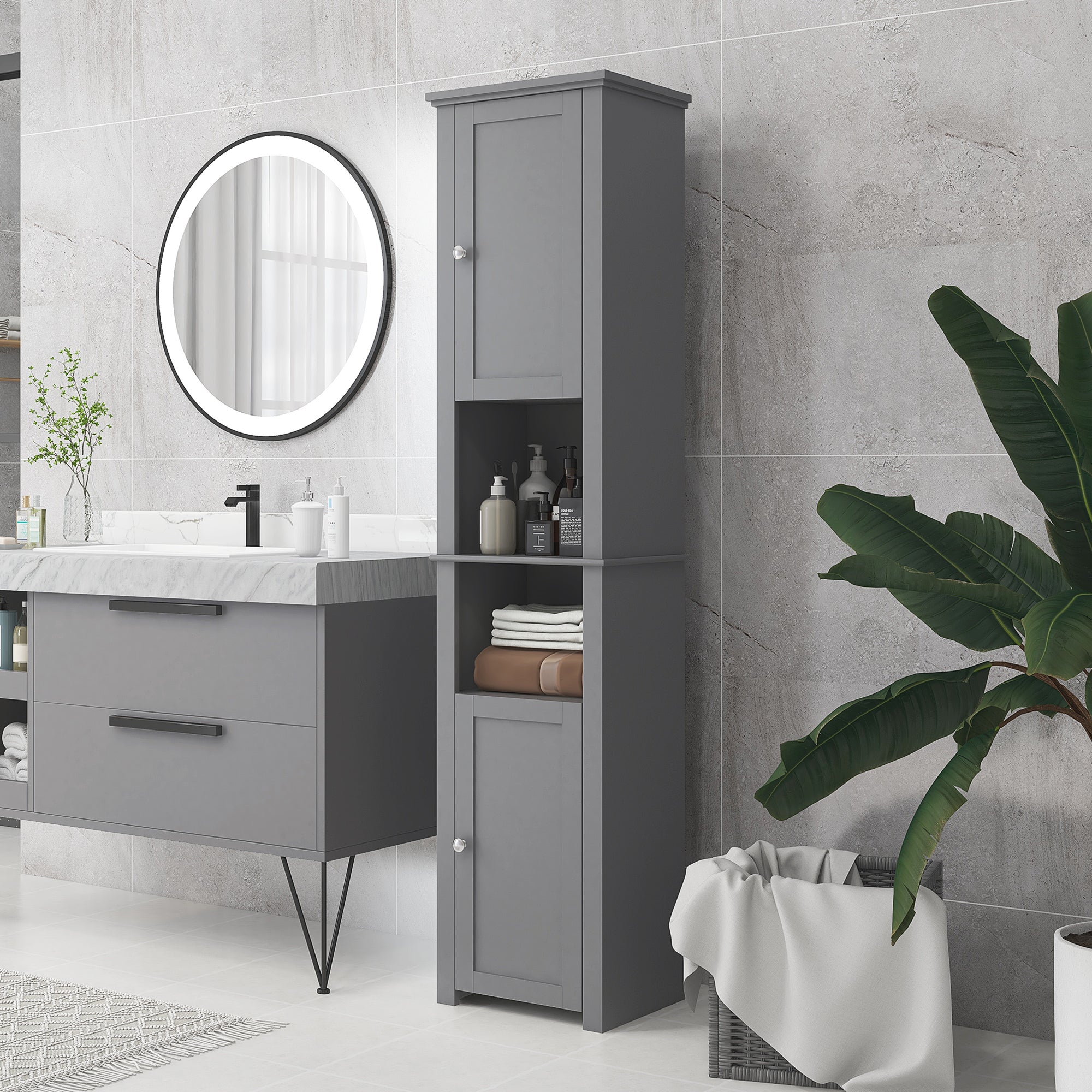Tall Medicine Cabinet, Freestanding Bathroom Storage Cabinet with Shelves and 2 Cupboards, Bathroom Organizer, Grey Bathroom Cabinets at Gallery Canada