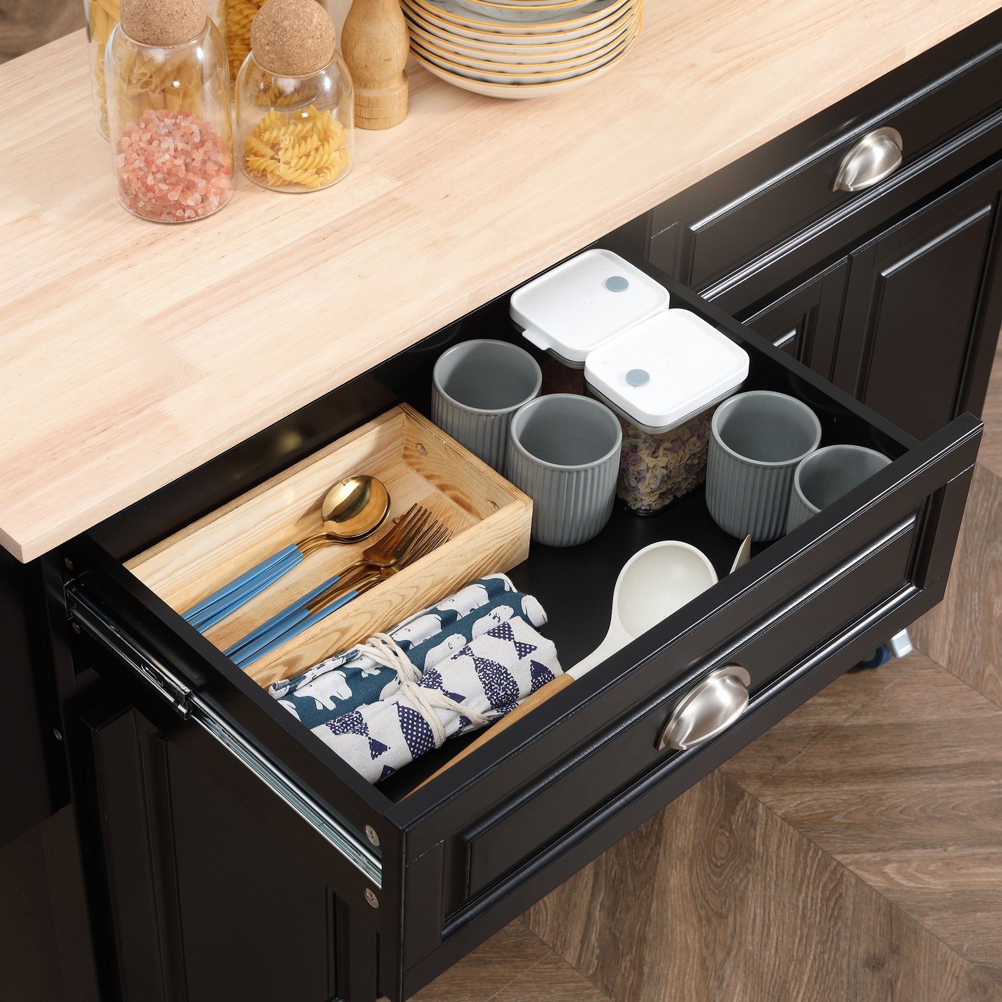 Kitchen Island with Storage, Rolling Kitchen Island with Drop Leaf, Rubber Wood Top and Adjustable Shelves, Black Kitchen Islands & Kitchen Carts at Gallery Canada