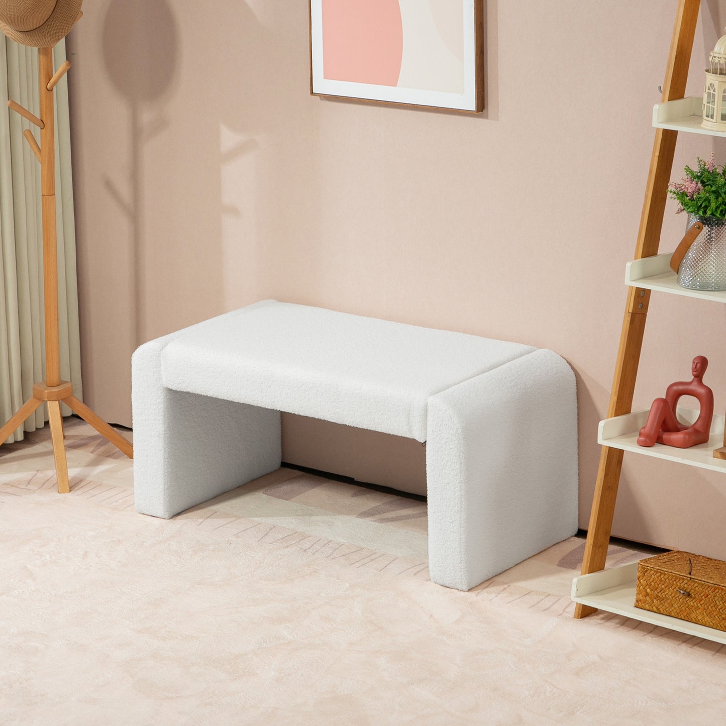 Upholstered Bedroom Bench, Boucle End of Bed Bench, Modern U-Shaped Entryway Bench, 39 x 18 x 18 Inches, White Storage Ottomans & Benches   at Gallery Canada