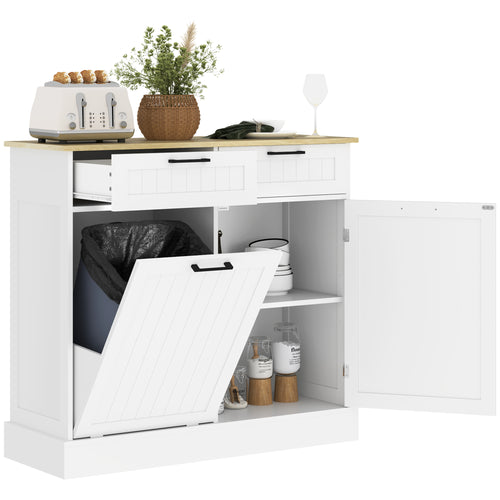 Hidden Garbage Bin Cabinet, Tilt Out Trash Cabinet w/ 2 Drawers, Freestanding Kitchen Island for Laundry, White