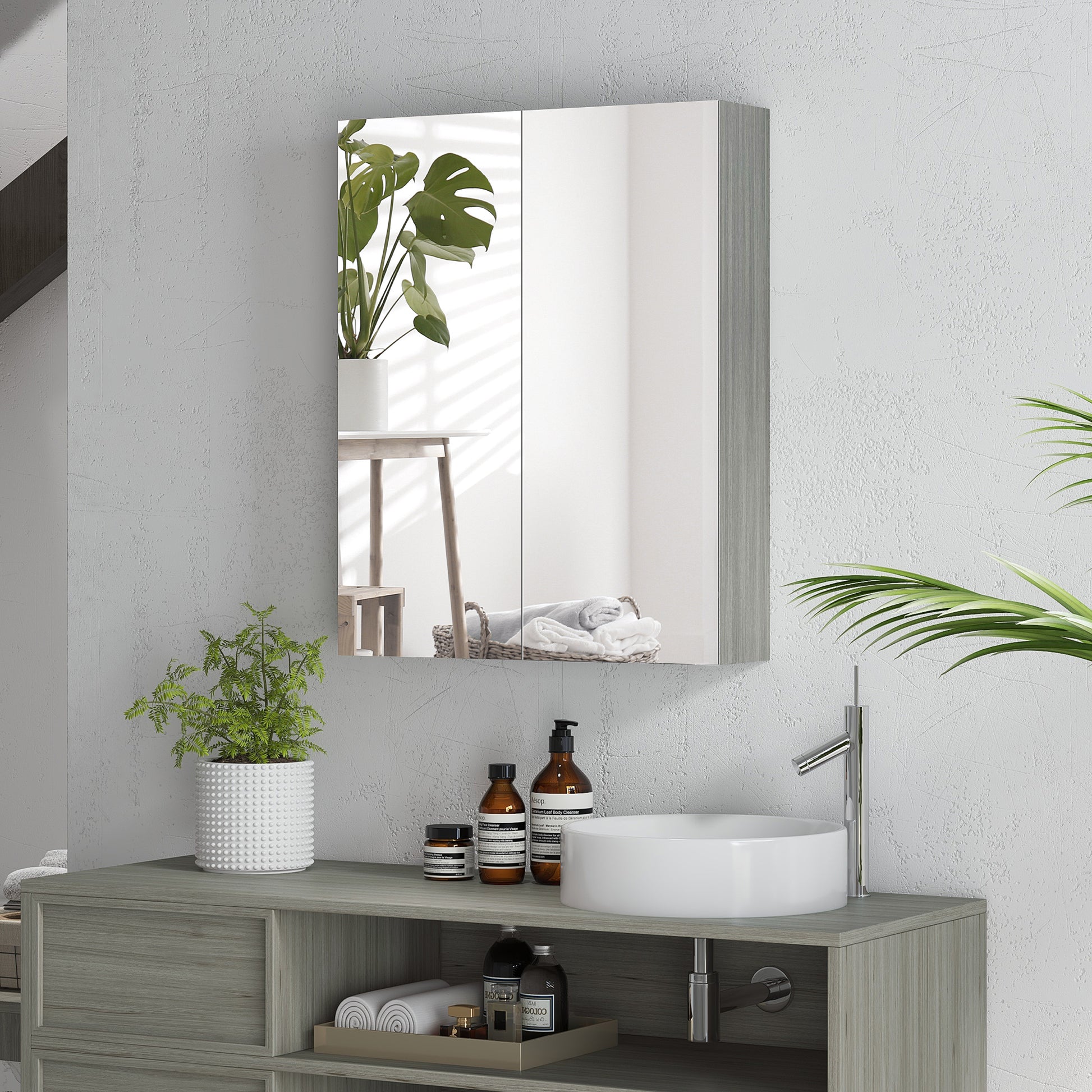 Wall Mount Mirrored Medicine Cabinet, Bathroom Mirror Cabinet with Adjustable Shelf, Double Soft Closing Doors, Grey Mirror Medicine Cabinets Grey  at Gallery Canada