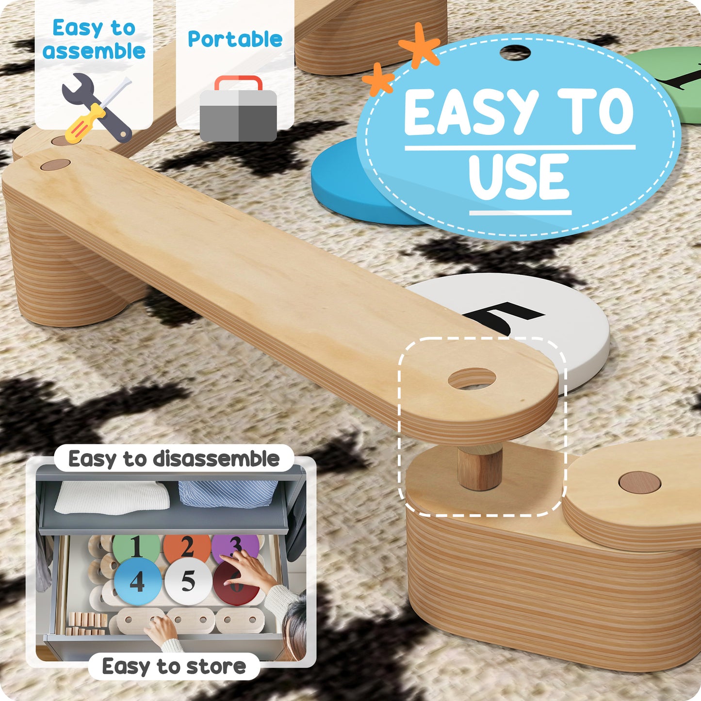 6 PC Wooden Balance Beam for Kids, for Coordination, for Indoor Outdoor Baby Gym & Playmats   at Gallery Canada