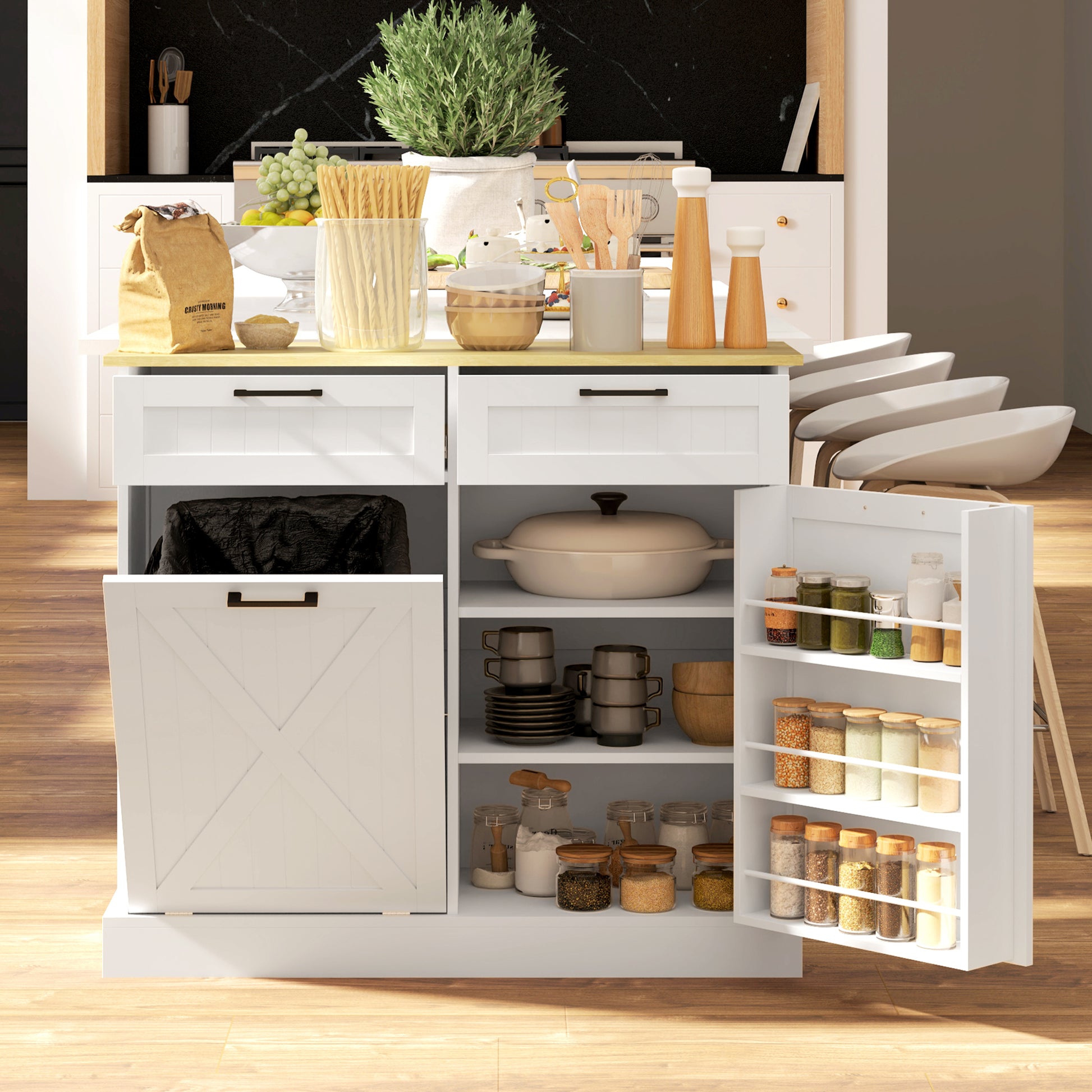 Hidden Garbage Bin Cabinet, Tilt Out Trash Cabinet w/ 2 Drawers, Freestanding Kitchen Island for Laundry, White Bar Cabinets   at Gallery Canada