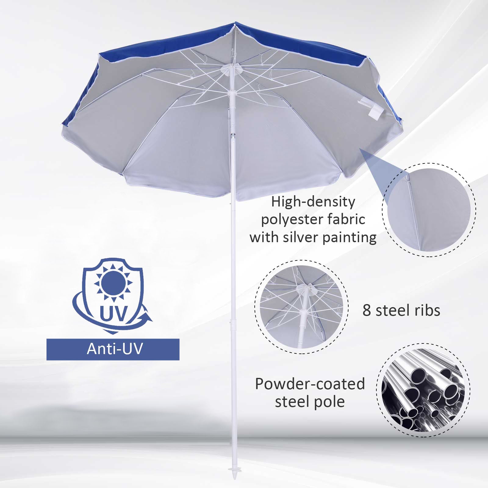 6.7ft Beach Umbrella with Push Button Tilt, Ruffled Outdoor Umbrella with Carry Bag and 8 Ribs, Blue Beach Umbrellas at Gallery Canada