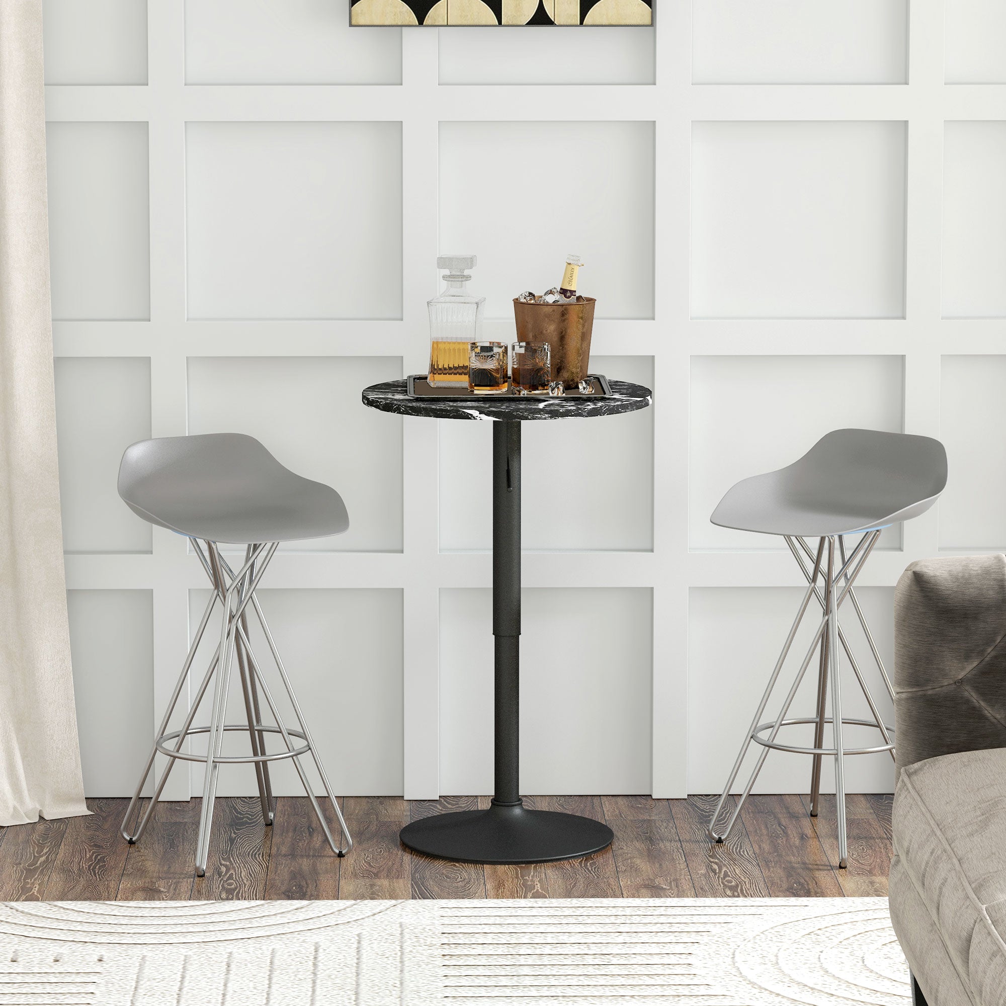 Adjustable Bar Table for 2, Round Pub Table with Steel Base for Home Bar, Small Dining Room, Black Marble Bar Tables at Gallery Canada