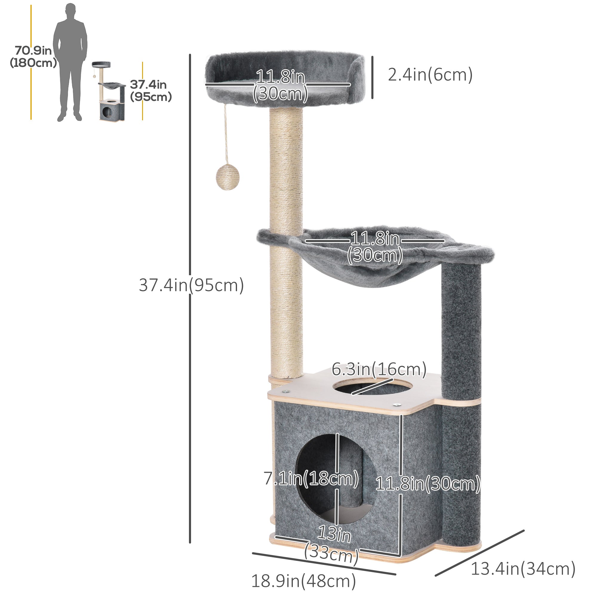 Cat Tree, Multi-Level Cat Tower with Cat Scratching Post, Perch, Cat Condo, Hammock, Hanging Toy Ball, Grey Cat Towers   at Gallery Canada