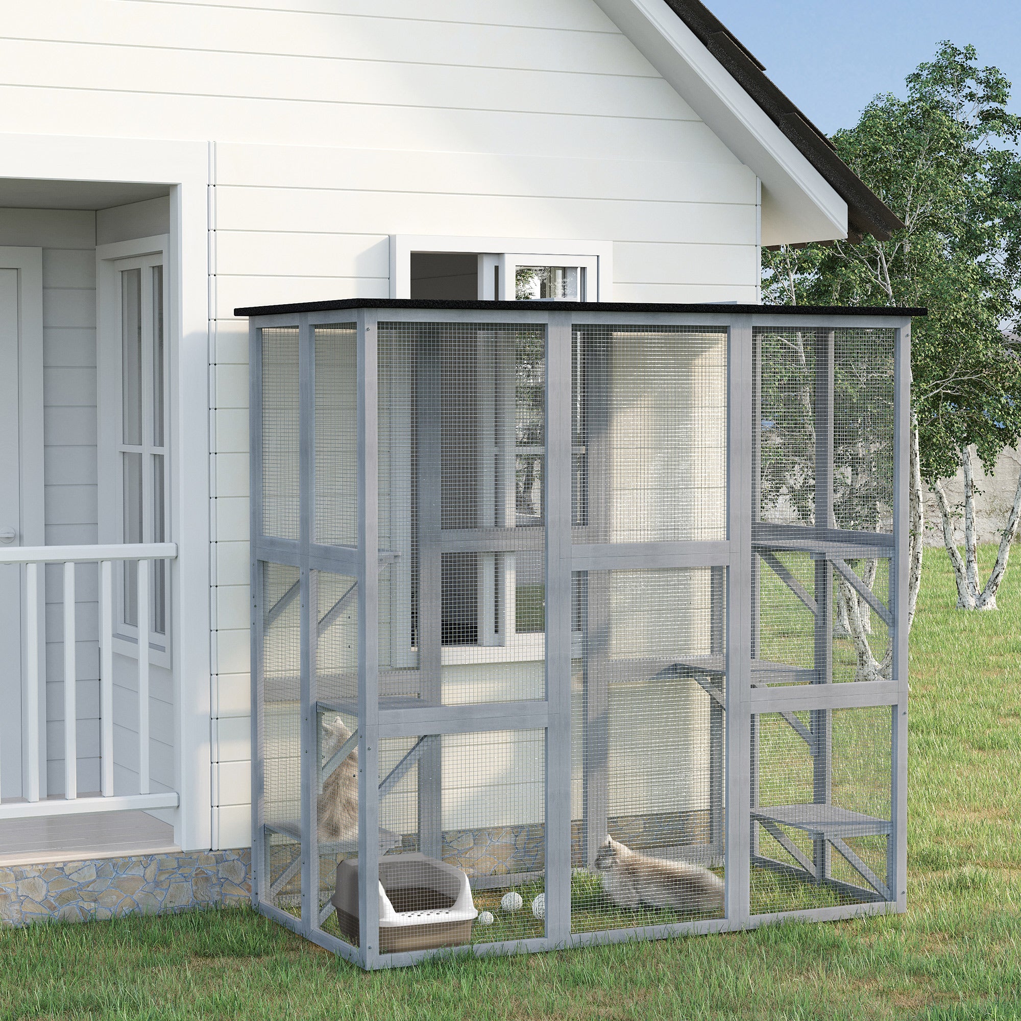 Large Outdoor Catio Enclosure, Weatherproof Cat House with Asphalt Roof, Wooden Cat Patio Cage with 6 Balanced Platforms, 71
