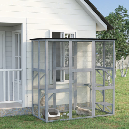 Large Outdoor Catio Enclosure, Weatherproof Cat House with Asphalt Roof, Wooden Cat Patio Cage with 6 Balanced Platforms, 71