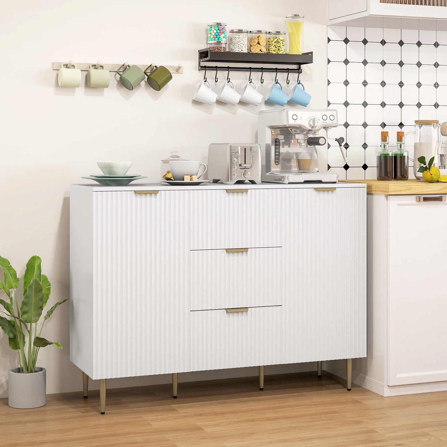 Modern Kitchen Storage Cabinet, Sideboard Buffet Cabinet w/ 3 Drawers and Adjustable Shelves for Kitchen Hallway, White Bar Cabinets   at Gallery Canada