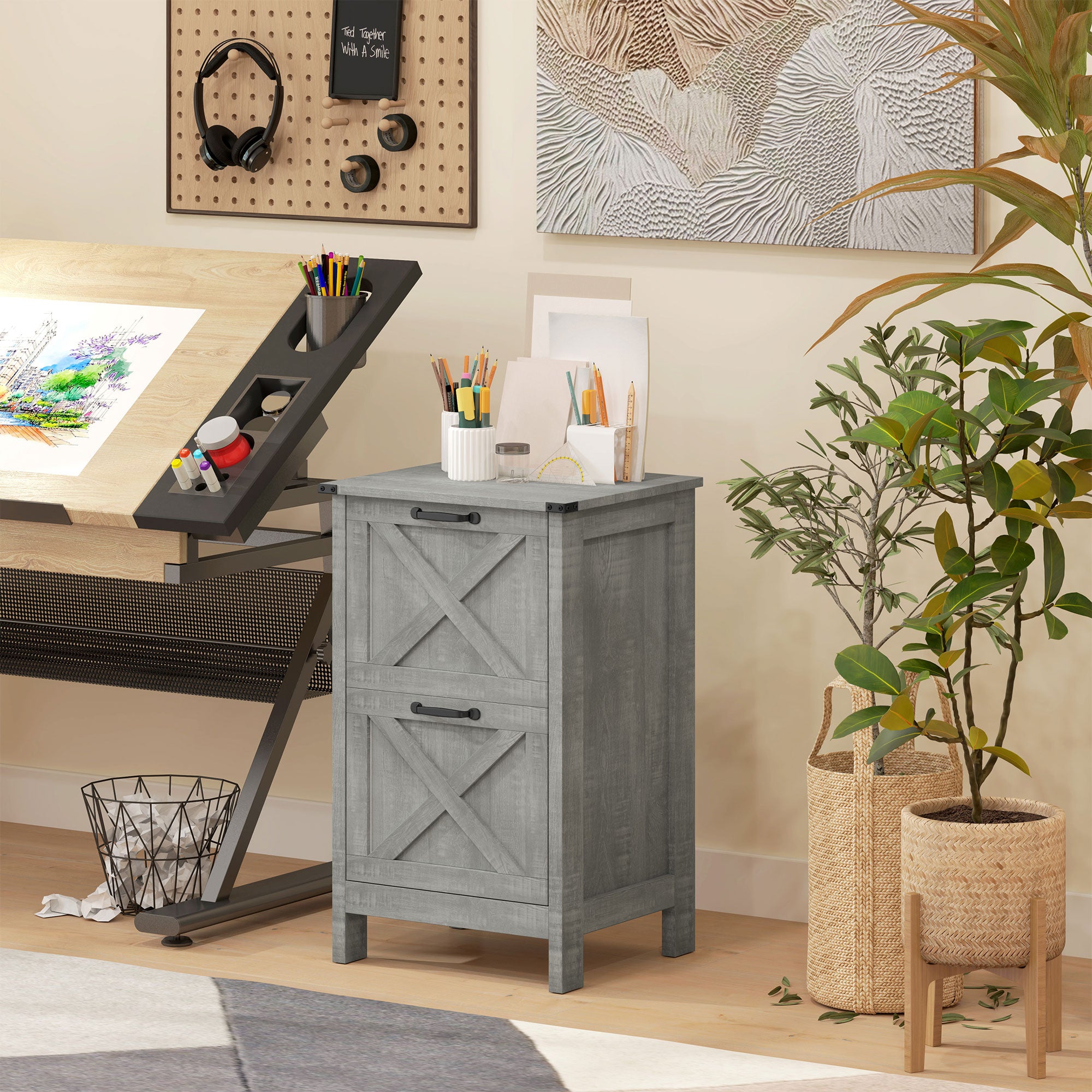 Vertical Filing Cabinet with 2 Drawers, Rustic Farmhouse Office Storage Cabinet for A4, Letter Size, Stone Grey Office Cabinets & Cupboards at Gallery Canada