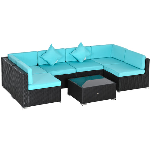 7 Pieces Patio Sofa Outdoor Wicker Sectional Patio Furniture, Deep Coffee &; Light Blue