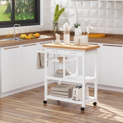 Wooden Rolling Kitchen Trolley Wood Top Island Storage Serving Cart Included Wine Rack with Drawers White Kitchen Islands & Kitchen Carts   at Gallery Canada