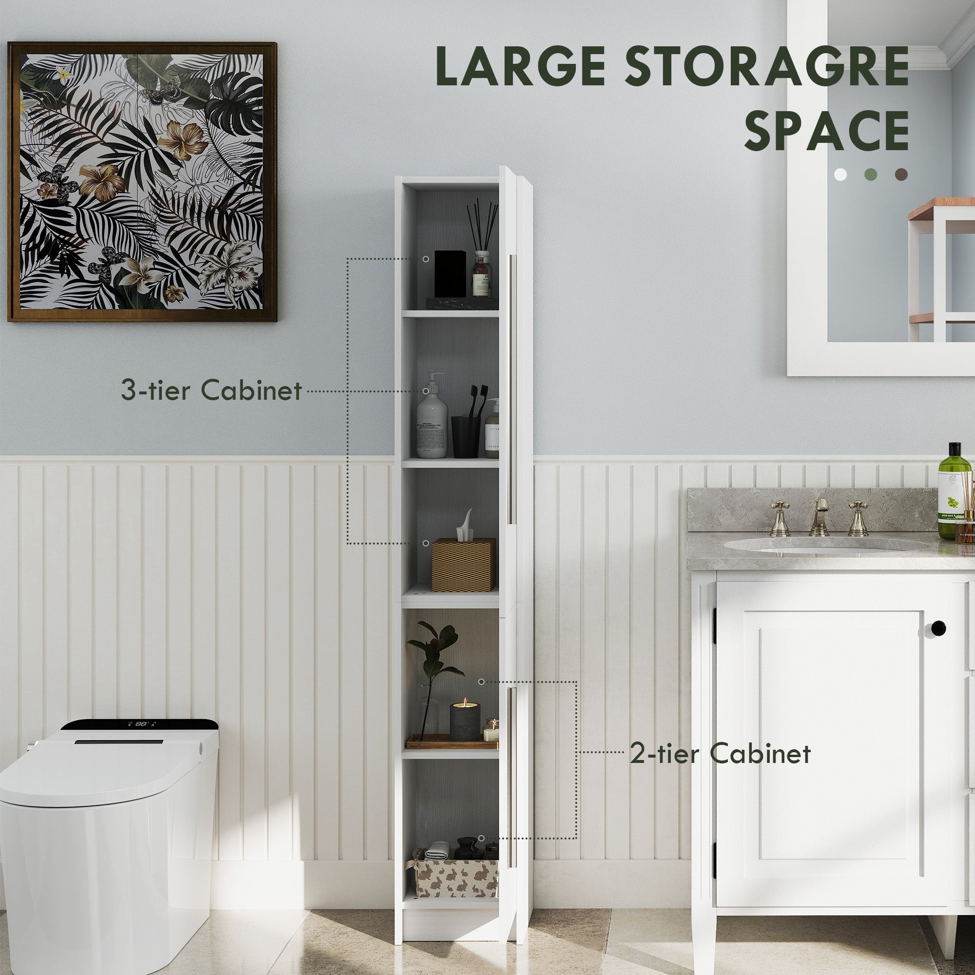 Freestanding Tall Bathroom Storage Cabinet with Adjustable Shelves, Bathroom Organizer, White Wood Grain Bathroom Cabinets   at Gallery Canada