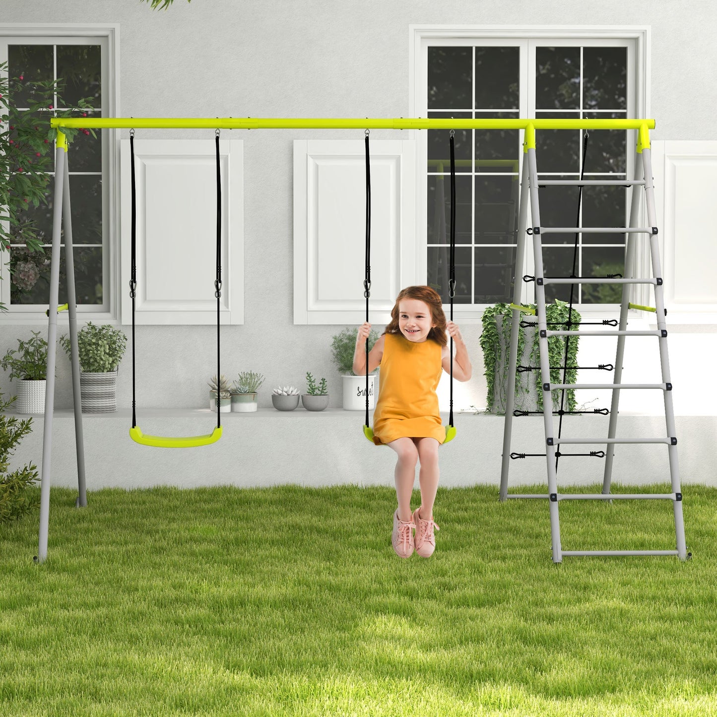 4 in 1 Metal Swing Set with Double Swings, Climber, Climbing Net for Kids, Toddlers, Backyard, Outdoor, Playground Gym Sets & Swings   at Gallery Canada