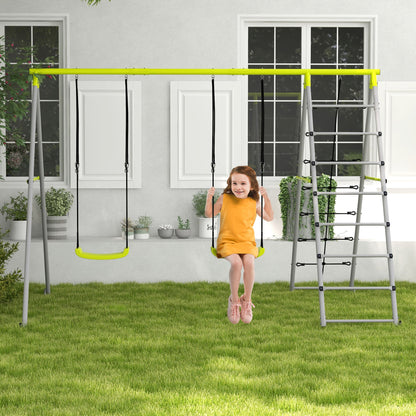 4 in 1 Metal Swing Set with Double Swings, Climber, Climbing Net for Kids, Toddlers, Backyard, Outdoor, Playground Gym Sets & Swings   at Gallery Canada