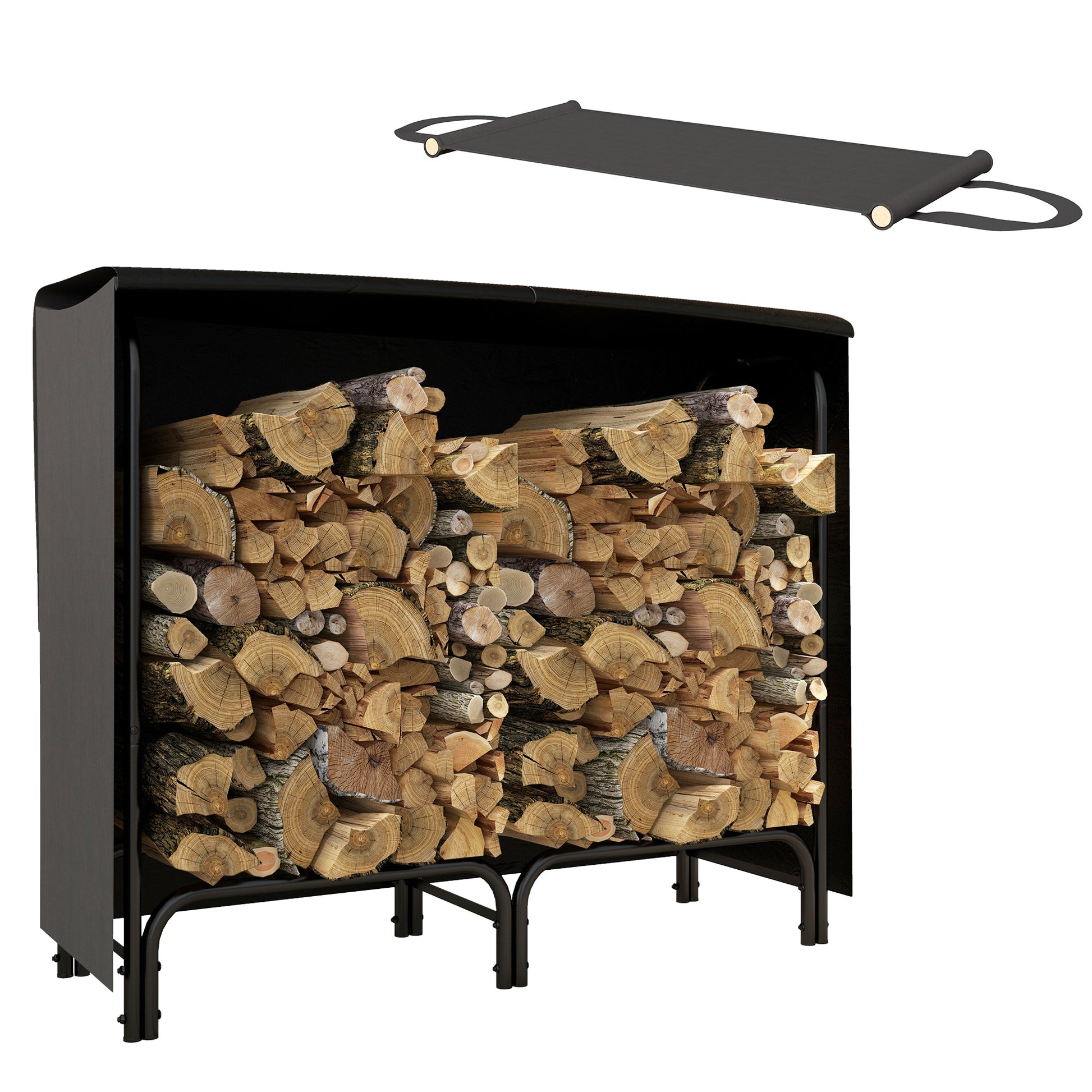 4ft Outdoor Firewood Rack with Cover and Carrier, Adjustable Wood Storage Holder, Indoor Outdoor Log Rack, Black Firewood Racks   at Gallery Canada