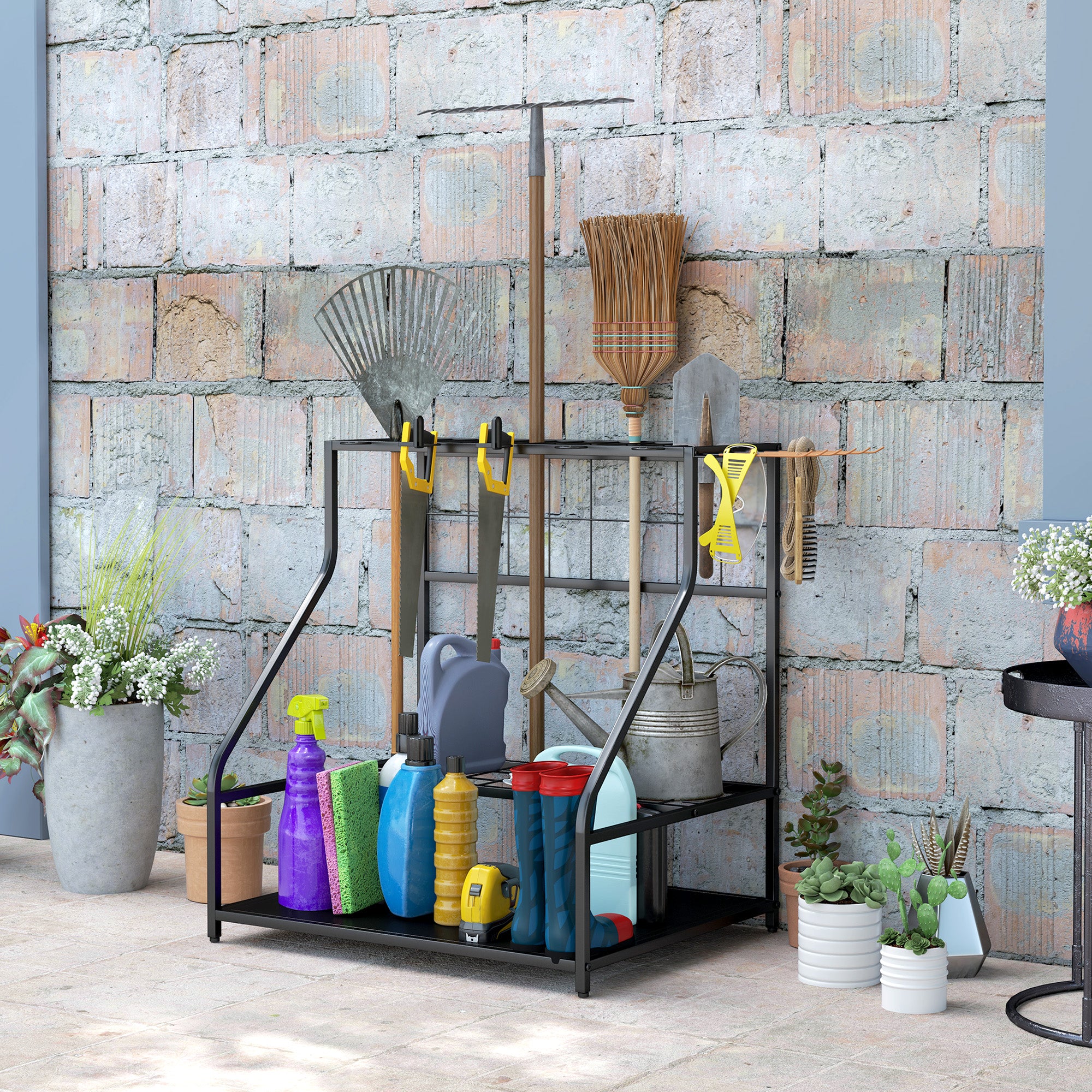 3-Tier Yard Tool Tower Rack, Garden Tool Organizer with Hooks for Long-Handled Rakes, Shovel, Broom, Orange Garden Accessories at Gallery Canada