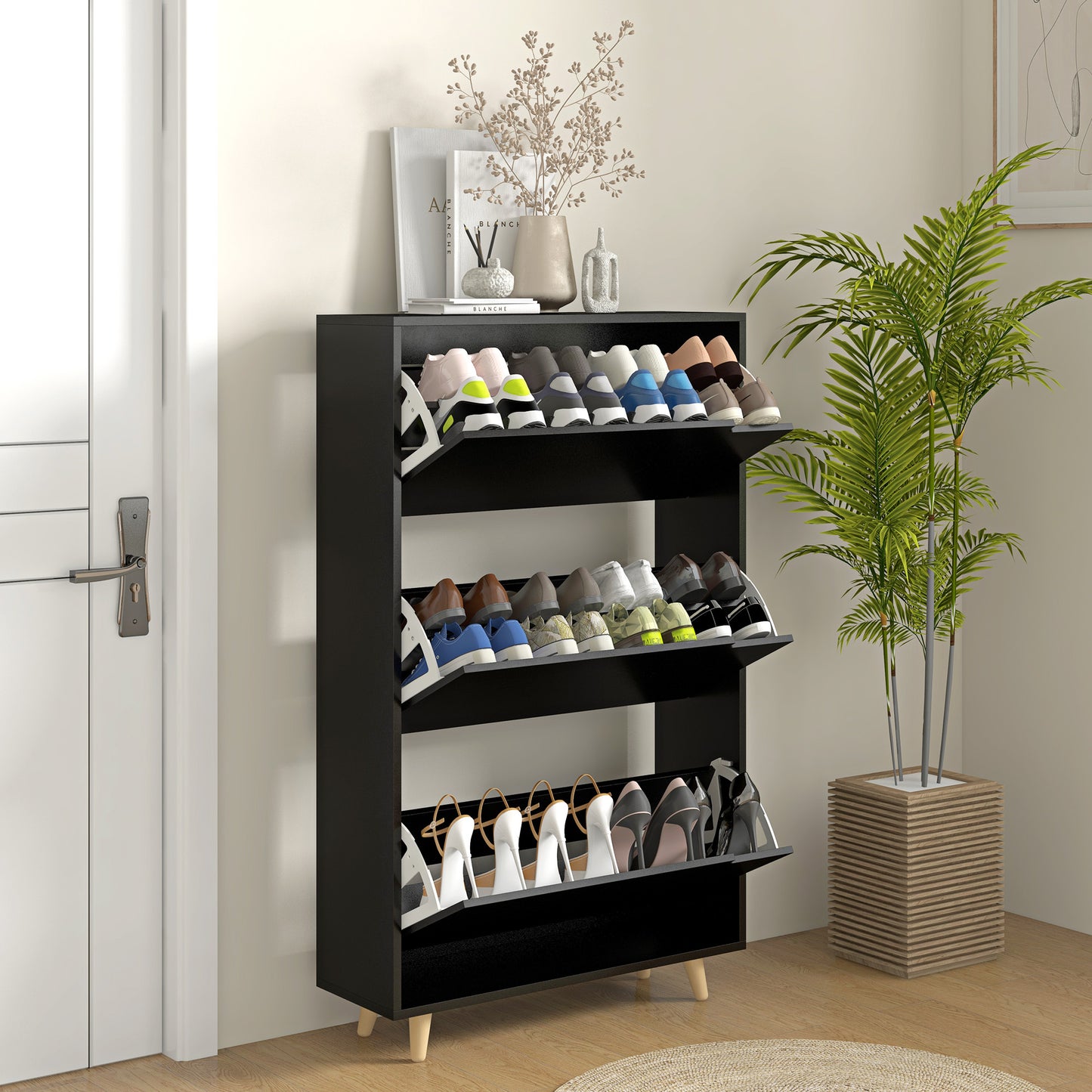 Slim Shoe Storage Cabinet with 3 Flip Drawers and Adjustable Shelves, Shoe Cabinet for 18-24 Pairs, Black Shoe Storage Cabinets & Racks Black  at Gallery Canada