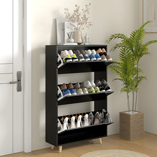 Slim Shoe Storage Cabinet with 3 Flip Drawers and Adjustable Shelves, Shoe Cabinet for 18-24 Pairs, Black - Gallery Canada