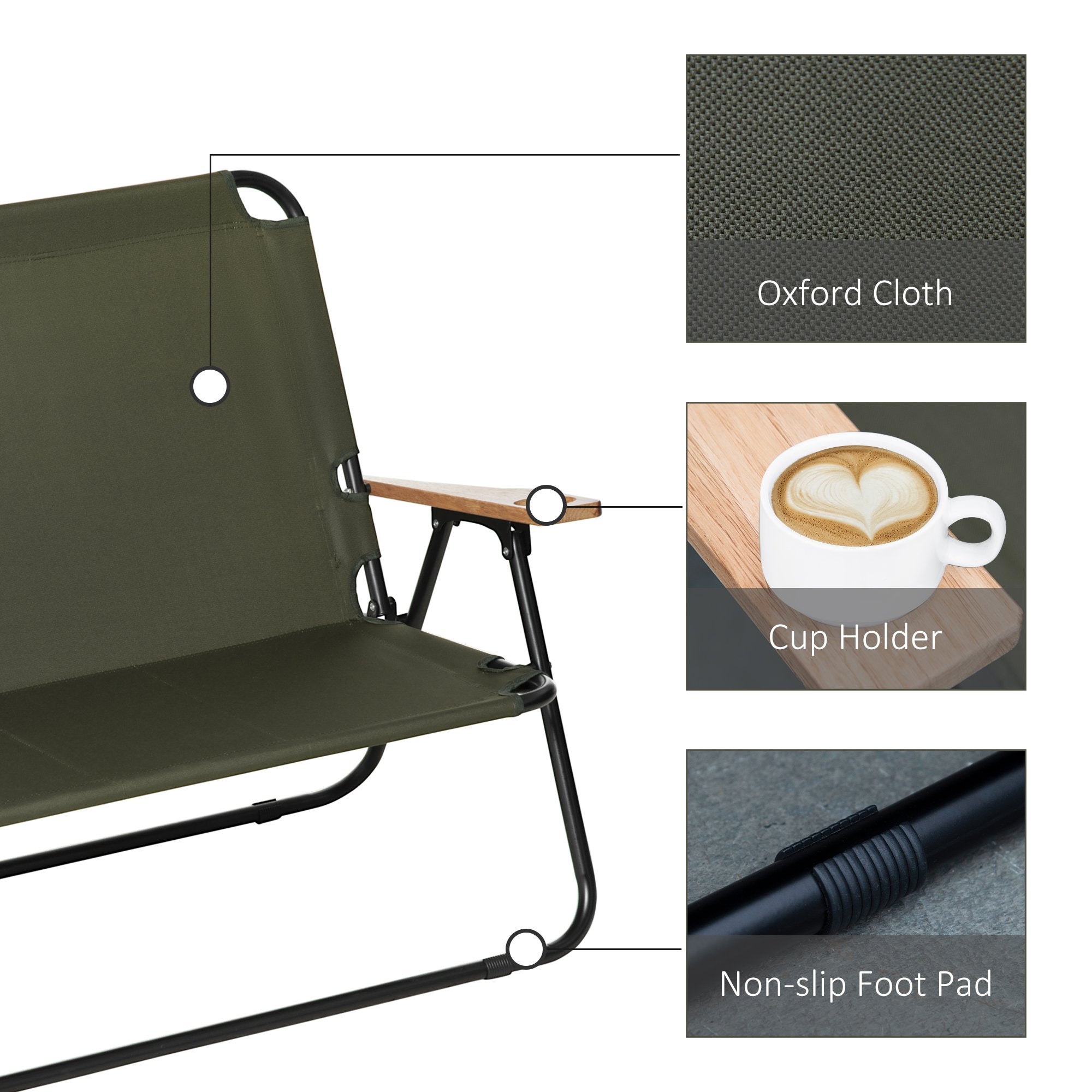 Double Folding Chair, Loveseat Camping Chair for 2 Person, Portable Outdoor Chair with Wood Armrest for Fishing Travel, Green Picnic Tables & Camping Chairs   at Gallery Canada