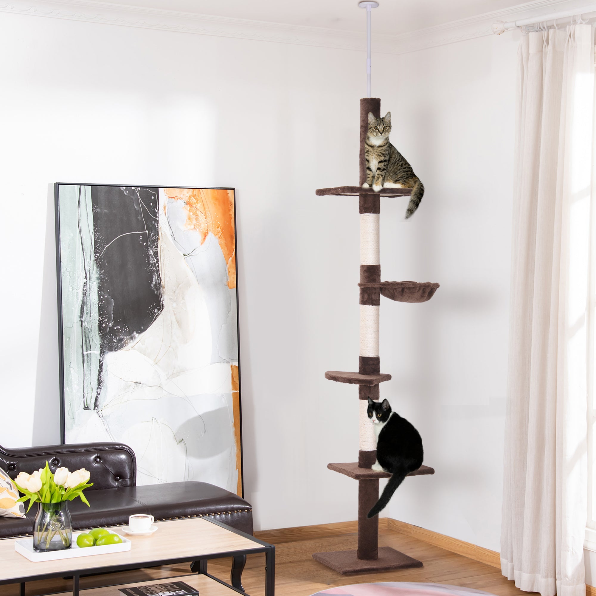 8.5ft Cat Climbing Tree 5-Tier Kitty Activity Center with Scratching Post Brown and White Floor to Ceiling Cat Trees at Gallery Canada
