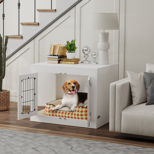 Dog Crate Furniture with 360° Rotatable Removable Dog Bowls, Two Doors, for Medium Dogs, 31.5" x 24" x 25", White Houses, Kennels & Pens at Gallery Canada