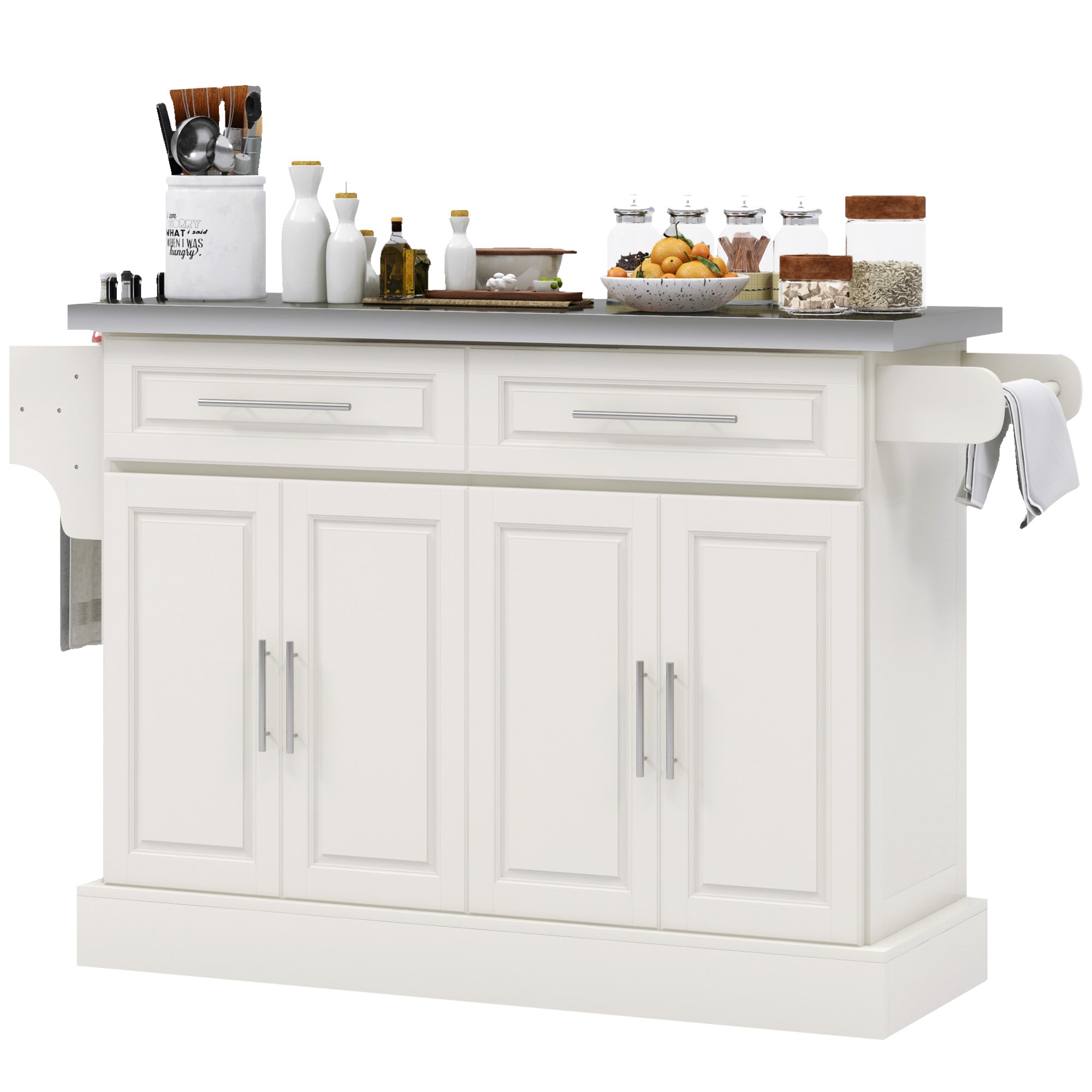 Rolling Kitchen Island with Storage and Stainless Steel Top, Kitchen Trolley with Drawers, Cabinets, Towel Rack, Cream Kitchen Islands & Kitchen Carts Cream at Gallery Canada