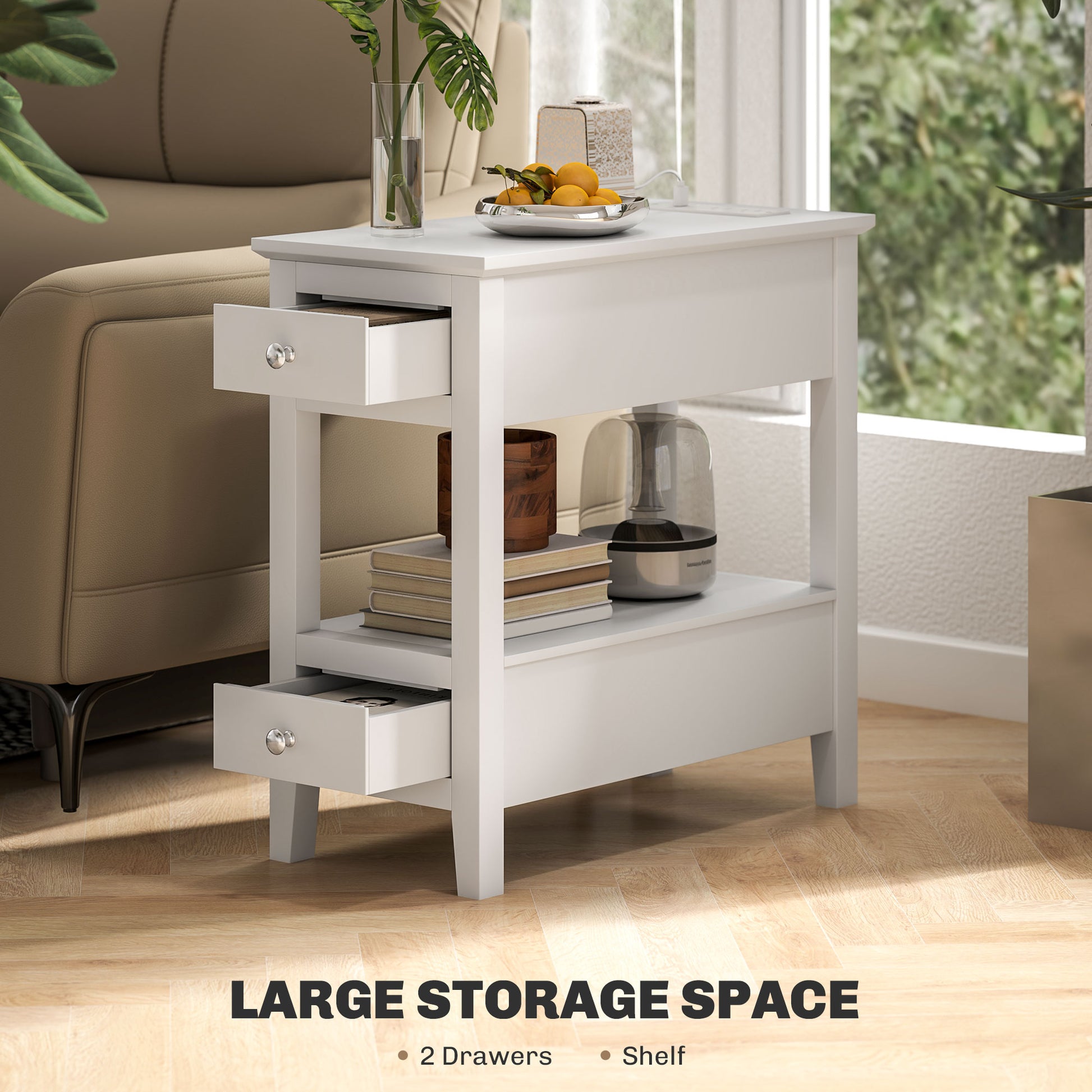 Narrow Side Table with Charging Station, USB Ports, Modern End Table with Storage Shelf, Drawers for Living Room, White Side Tables   at Gallery Canada