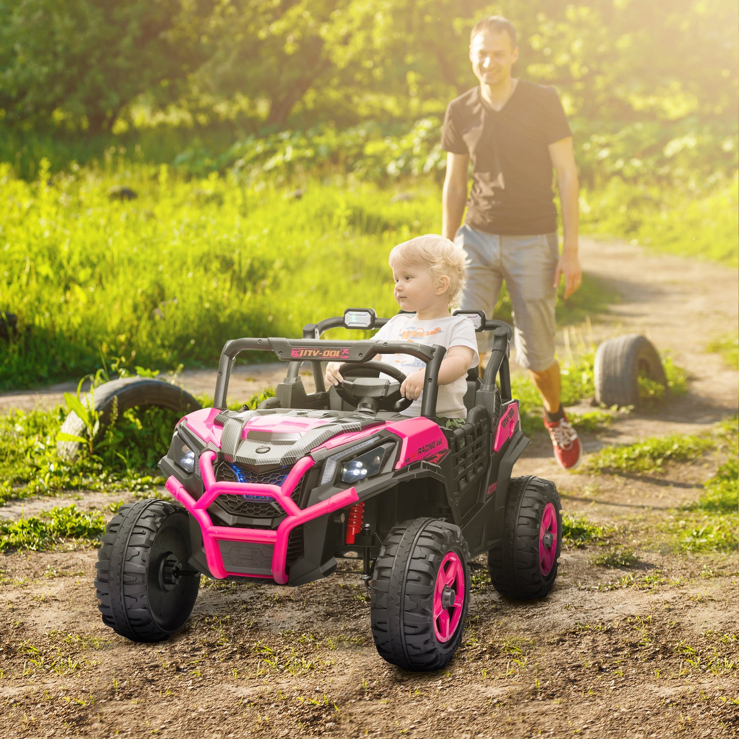 2 Seater 24V Electric Car for Kids w/ Remote Control, 3 Speed, LED Lights, Music, Horn, Spring Suspension, Pink Electric Toy Cars Pink  at Gallery Canada