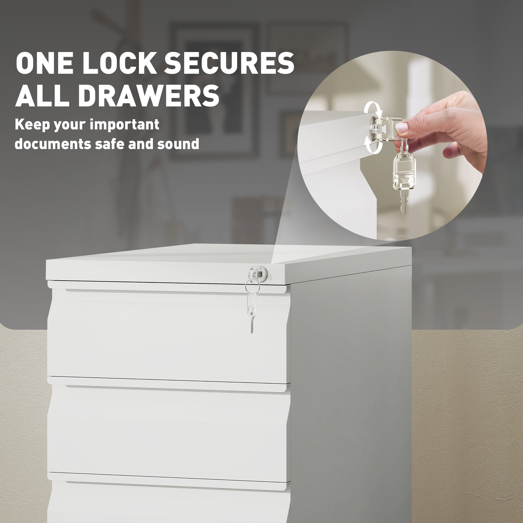 3 Drawer Filing Cabinet with Lock, Steel Office Storage Cabinet with Hanging Bar for A4, Legal, Letter Files, White Office Cabinets & Cupboards at Gallery Canada