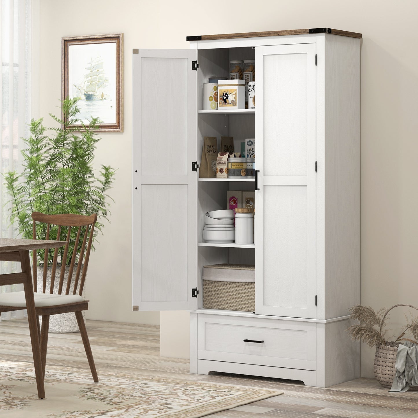 69" Tall Farmhouse Kitchen Pantry Cabinet with 2 Doors, Drawer and Adjustable Shelves for Dining Room, White Kitchen Pantry Cabinets   at Gallery Canada