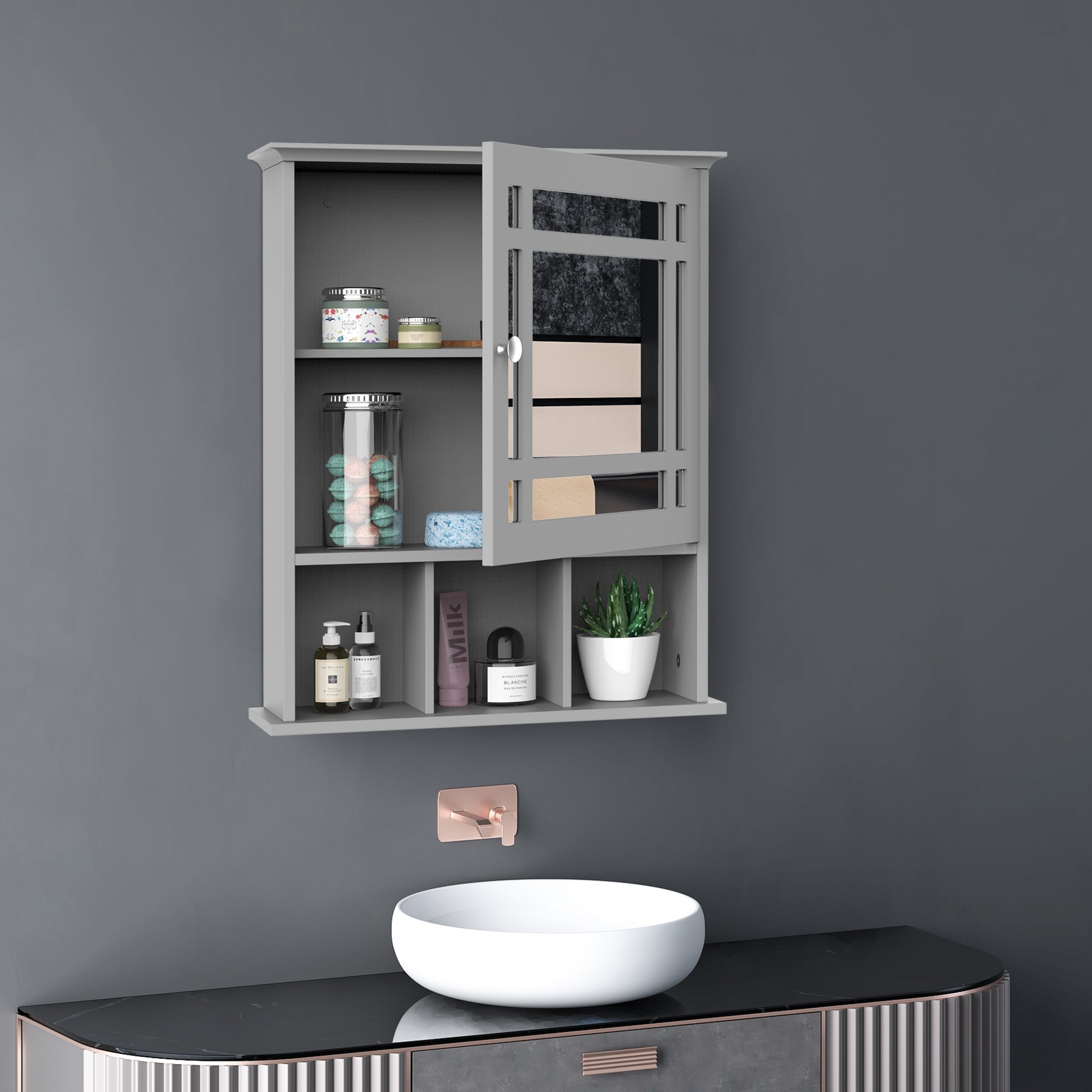 Bathroom Cabinet Wall Mount with Mirror Door 3 Shelf Organizer for Bathroom, Kitchen, Bedroom, Grey Mirror Medicine Cabinets   at Gallery Canada