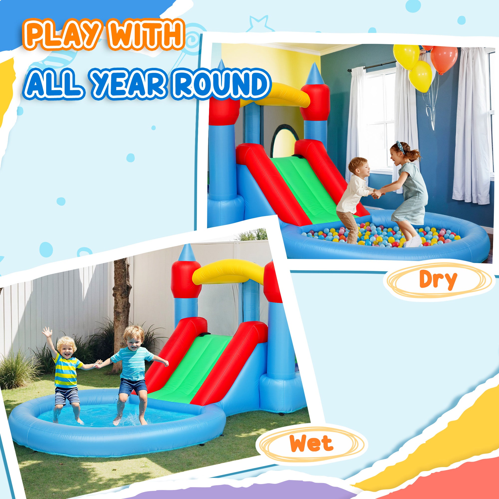 4 in 1 Inflatable Bounce House with Slide, Basketball Hoop, Ball Pit, Blower, Storage Bag, 163