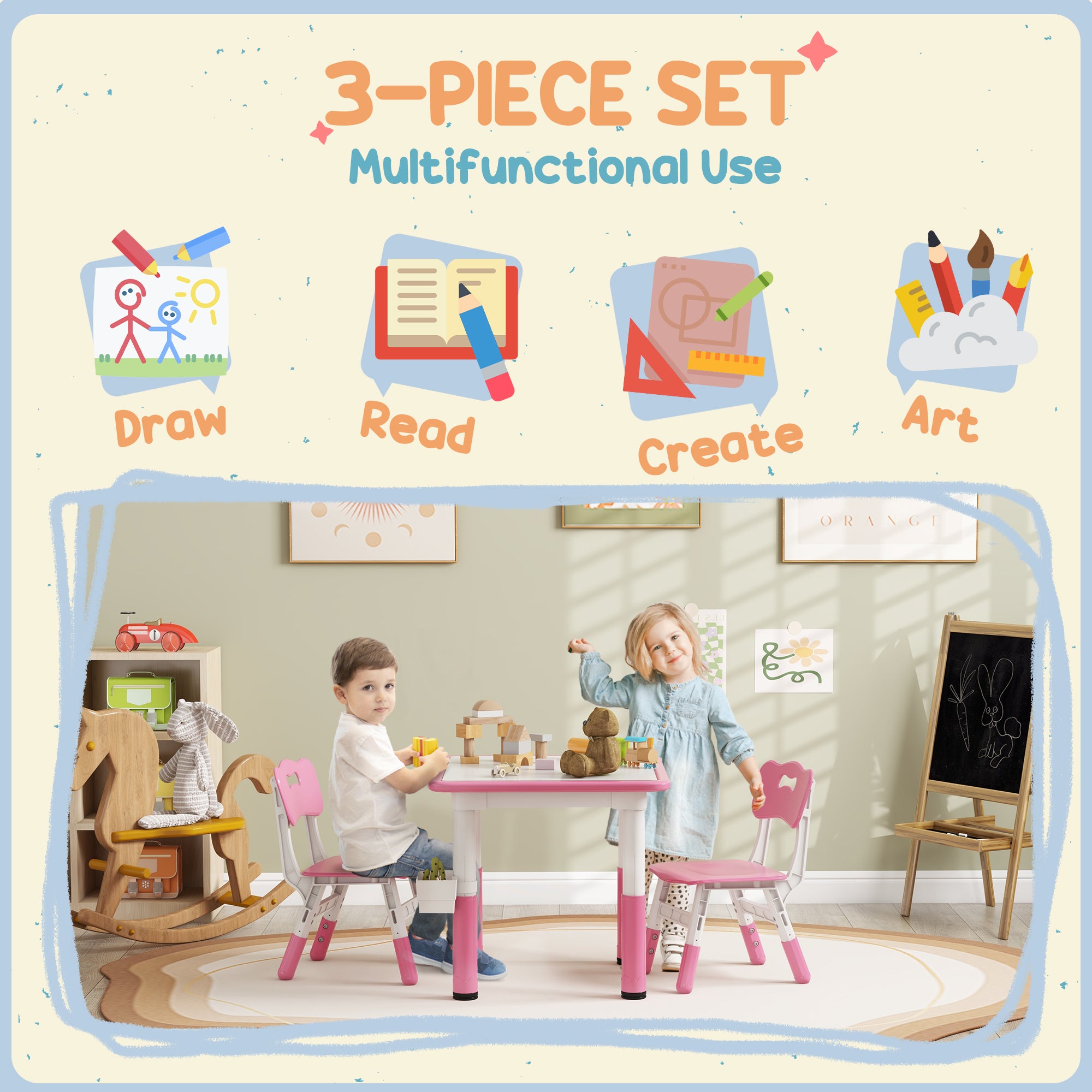 3 Pieces Toddler Table and Chair Set, Height Adjustable Kids Table and Chair Set w/ Storage, for Playroom Pink Kids Table Sets   at Gallery Canada