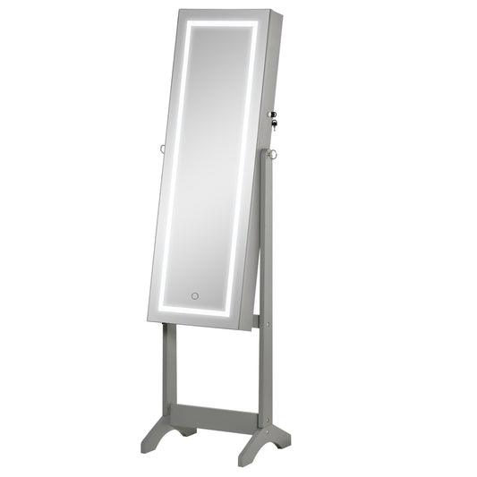 Lockable Jewelry Armoire with LED Light, Standing Mirror with Storage for Bedroom Dressing Room, Grey Jewelry Armoire & Jewellery Mirror Cabinets   at Gallery Canada