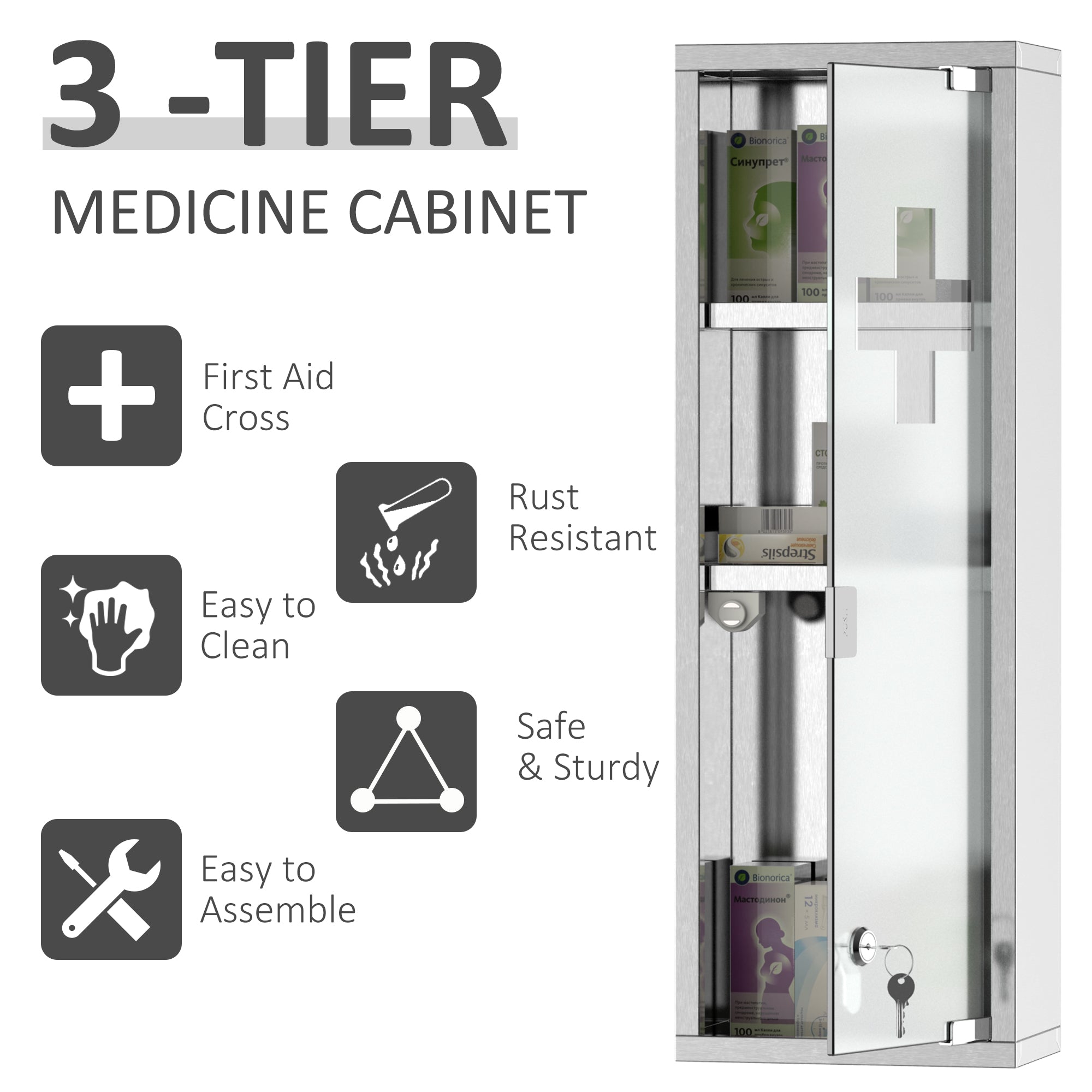 Wall Mount Medicine Cabinet, Bathroom Cabinet with 3 Tier Shelves, Stainless Steel Frame and Glass Door, Lockable with 2 Keys, Silver, 8