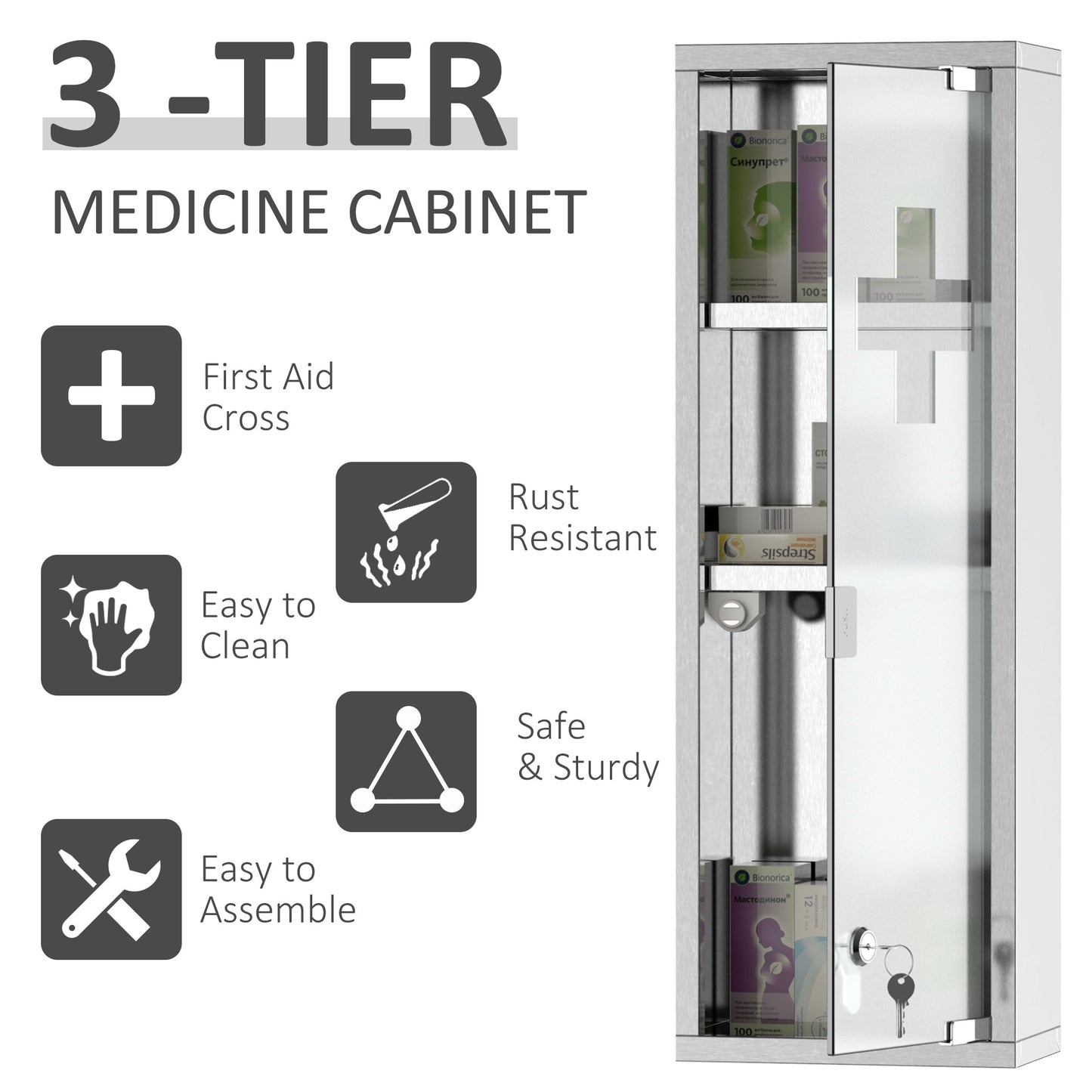 Wall Mount Medicine Cabinet, Bathroom Cabinet with 3 Tier Shelves, Stainless Steel Frame and Glass Door, Lockable with 2 Keys, Silver, 8" x 23" Mirror Medicine Cabinets   at Gallery Canada