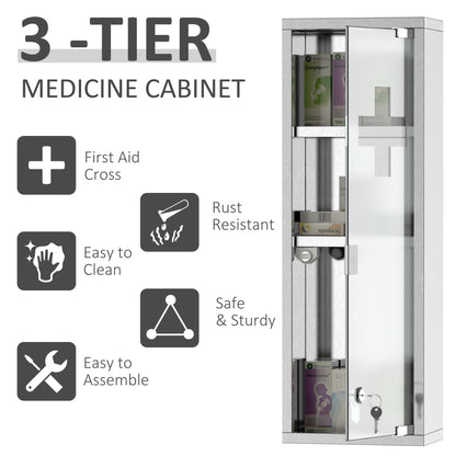 Wall Mount Medicine Cabinet, Bathroom Cabinet with 3 Tier Shelves, Stainless Steel Frame and Glass Door, Lockable with 2 Keys, Silver, 8" x 23" Mirror Medicine Cabinets   at Gallery Canada