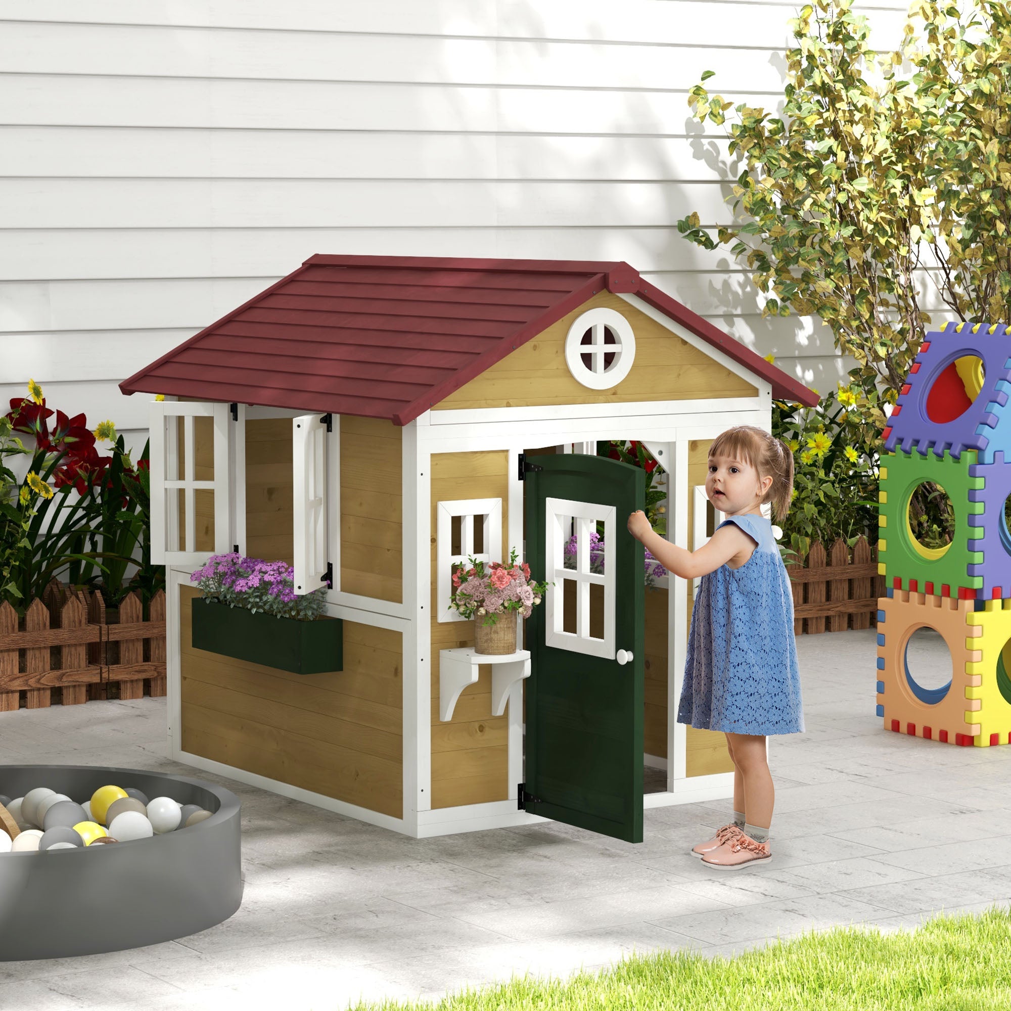 Wooden Playhouse for Kids Outdoor with Door, Windows, Planter Pots and Boxes for Toddlers 3-8 Years, Beige Play Houses at Gallery Canada