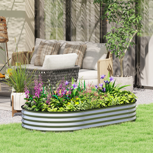 6' x 3' x 1' Large Outdoor Planter Box, Galvanized Raised Garden Bed with Metal Plant Stake, Silver