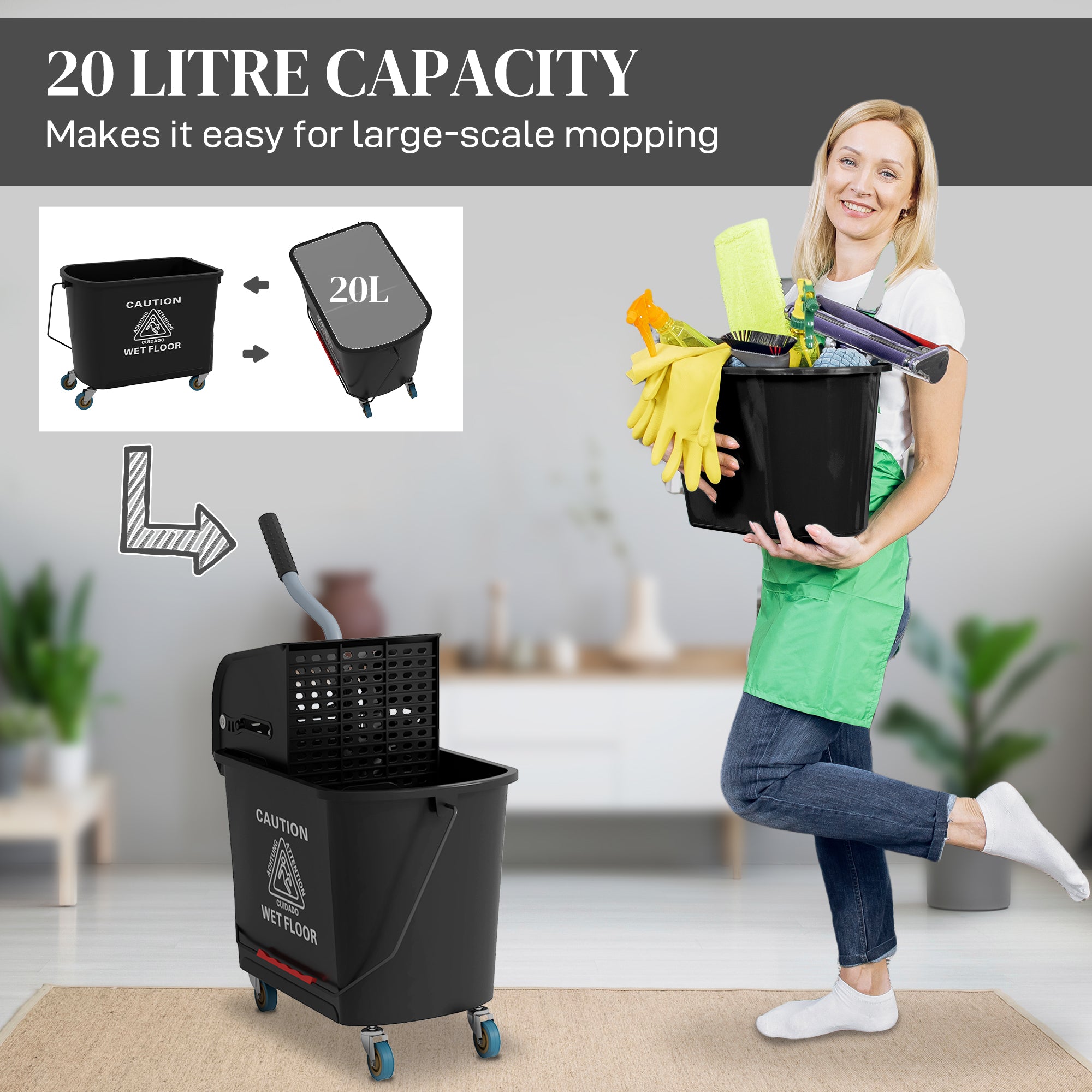 Mop Bucket with Wringer, Mop Bucket on Wheels for Floor Cleaning, 5 Gallon, Separate Dirty and Clean Water, Black Household Supplies at Gallery Canada