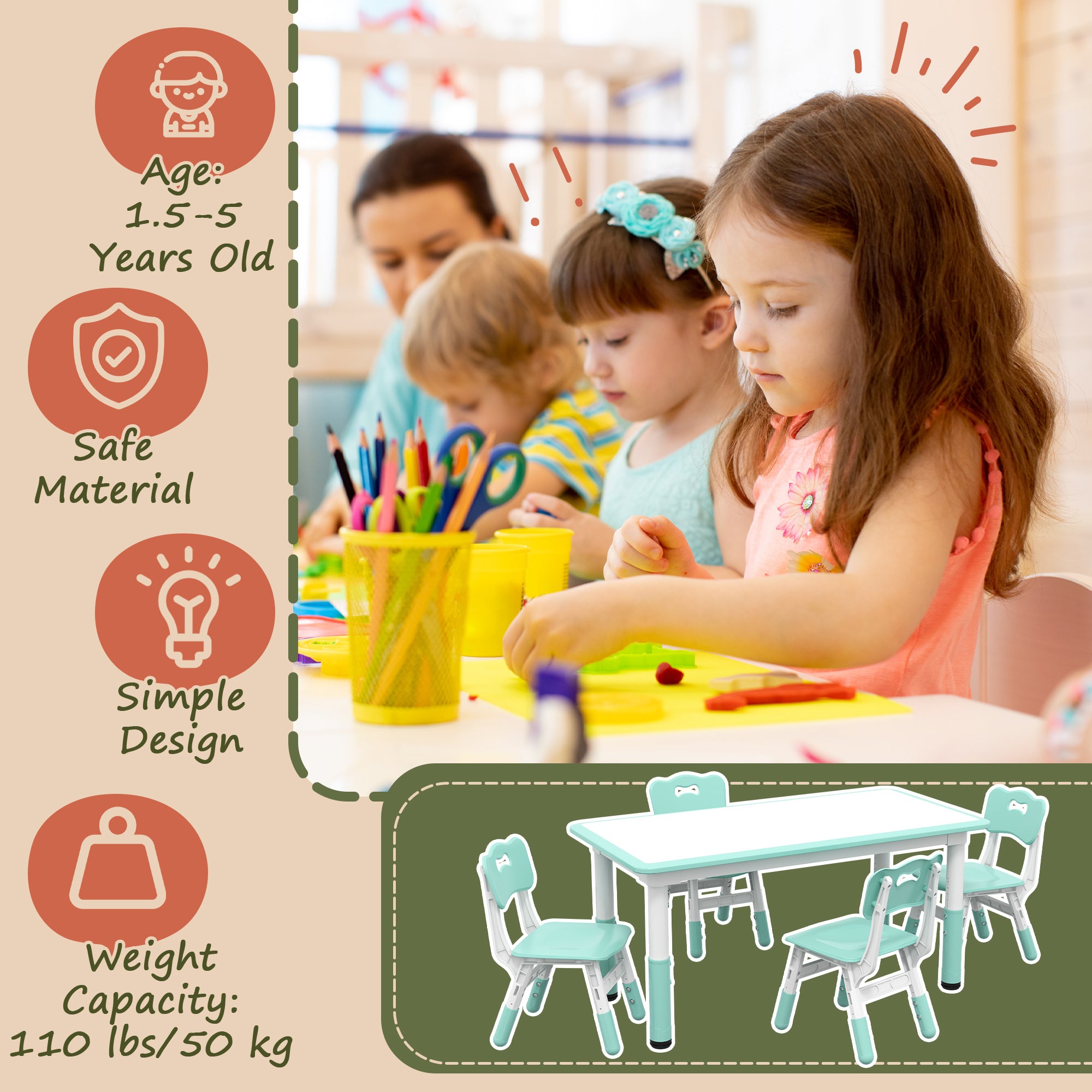 Kids Table and Chair Set with 4 Chairs, Adjustable Height, Easy to Clean, for 1.5 - 5 Years Old, Green Kids Table Sets at Gallery Canada