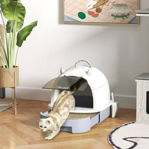 Cat Litter Box with Lid, Front Door Flap, Scoop, Handle, Easy Clean, for Small and Medium Cats, Grey