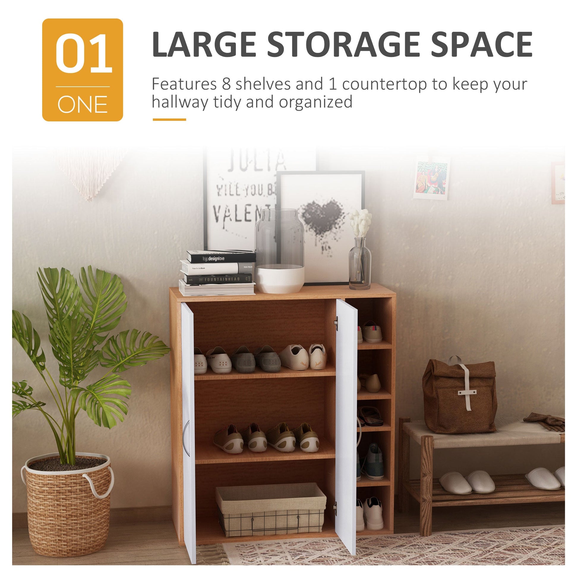 35.5" Shoe Cabinet, Free Standing Shoe Storage Cabinet with 3-tier Cupboard, Adjustable Shelves and 5 Open Cubes for Entryway, Hallway, Natural Shoe Storage Cabinets & Racks   at Gallery Canada