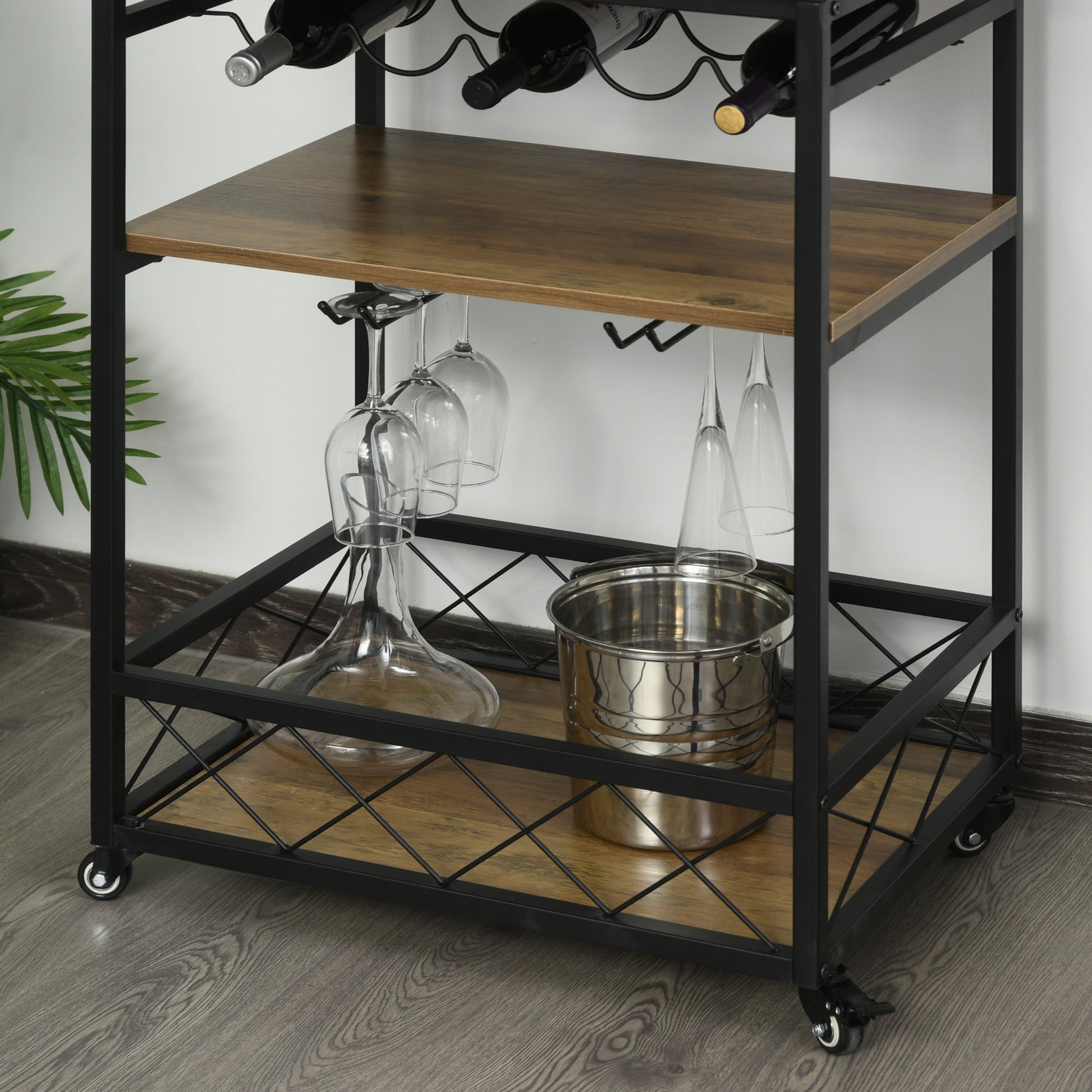 Retro Industrial Bar Serving Cart Rolling Kitchen Island Storage Utility Trolley with 5-bottle Wine Rack &; Serving Tray - Gallery Canada